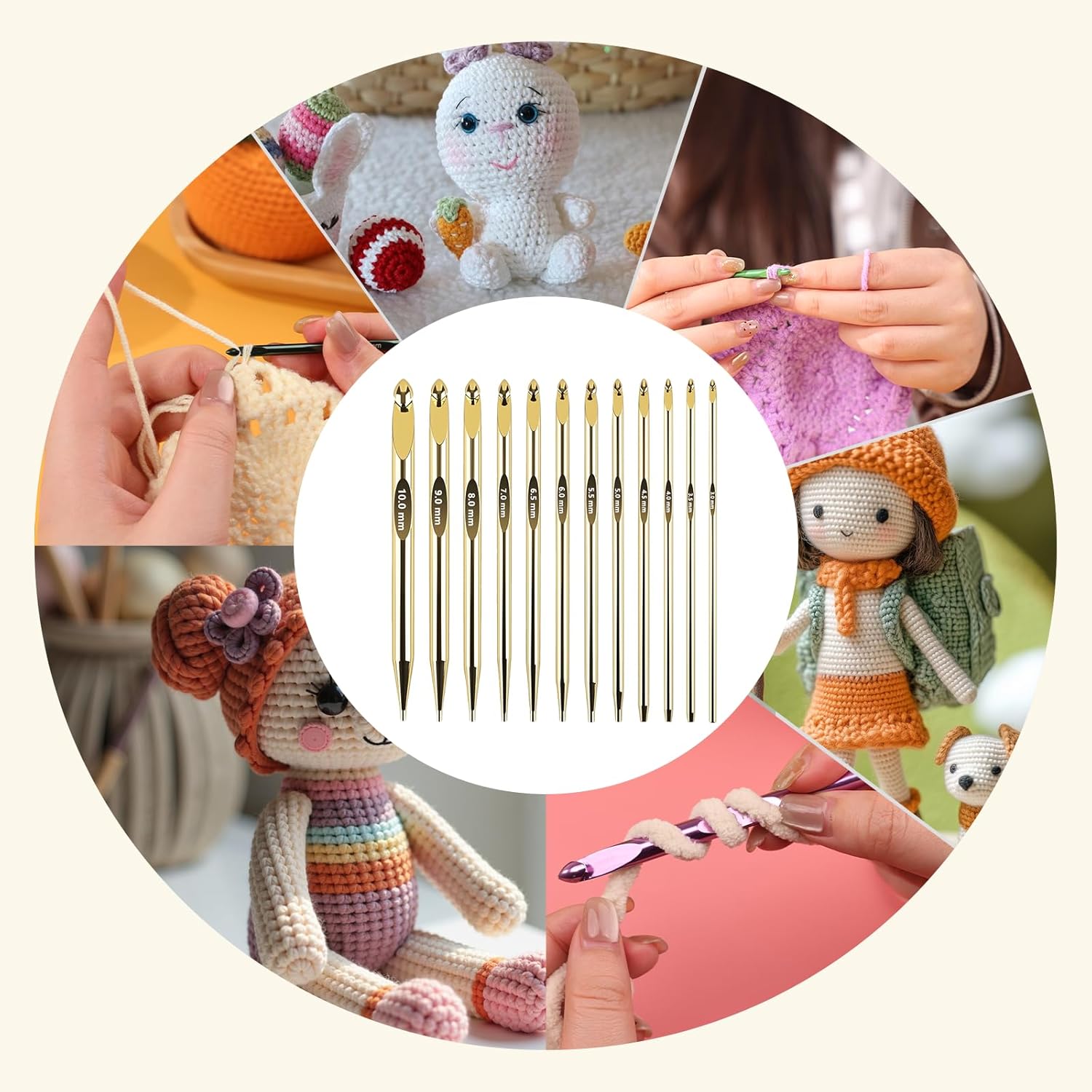 AIYUNDI Tunisian Crochet Hooks Set with Cable, 6-Inch Gold-Plated Aluminum Interchangeable Crochet Hooks 3mm-10mm, Long Crochet Hooks, Lightweight, Anti-Twist Swivel Cables, Ergonomic, Gold 26 PCS