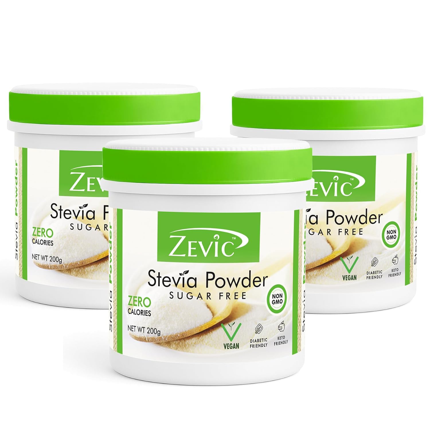 Zevic Stevia Sugar Free Powder | Zero Calories & Vegan | 100% Natural Stevia Sweetener Sugar Free White Powder | Keto & Diabetic Friendly Sweetener – 200g (Pack of 3)