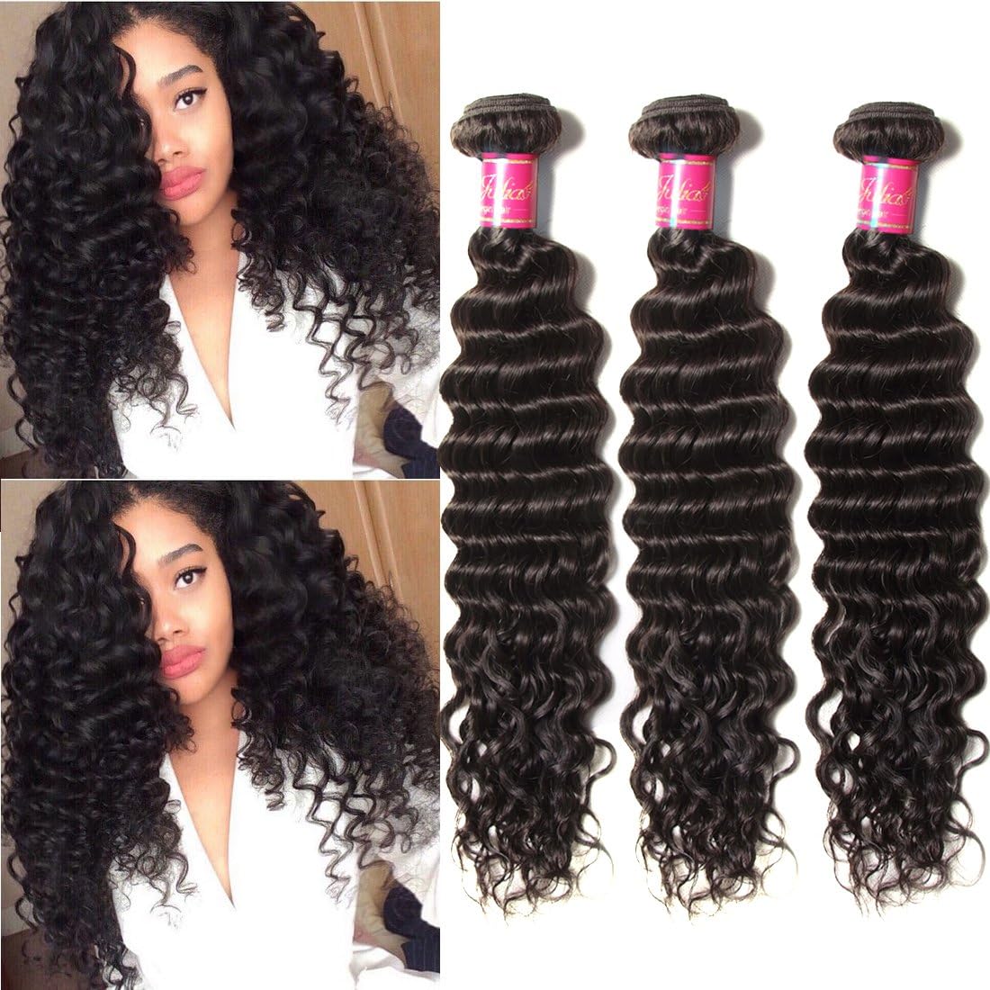 ALI JULIA Brazilian Virgin Deep Curly Wave Hair Weft 4 Bundles 100% Real Unprocessed Human Hair Weave Extensions Natural Color 95-100g/pc (12 14 16 18 inches)