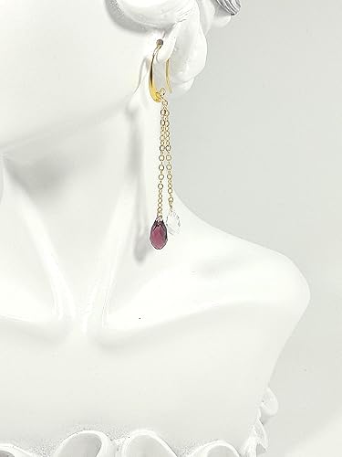 Vista 3 de Aretes colgantes extra largos de 2 cadenas de oro de 14 quilates con cristales austriacos raros chapados en puro gota para mujeres, San Valentín
