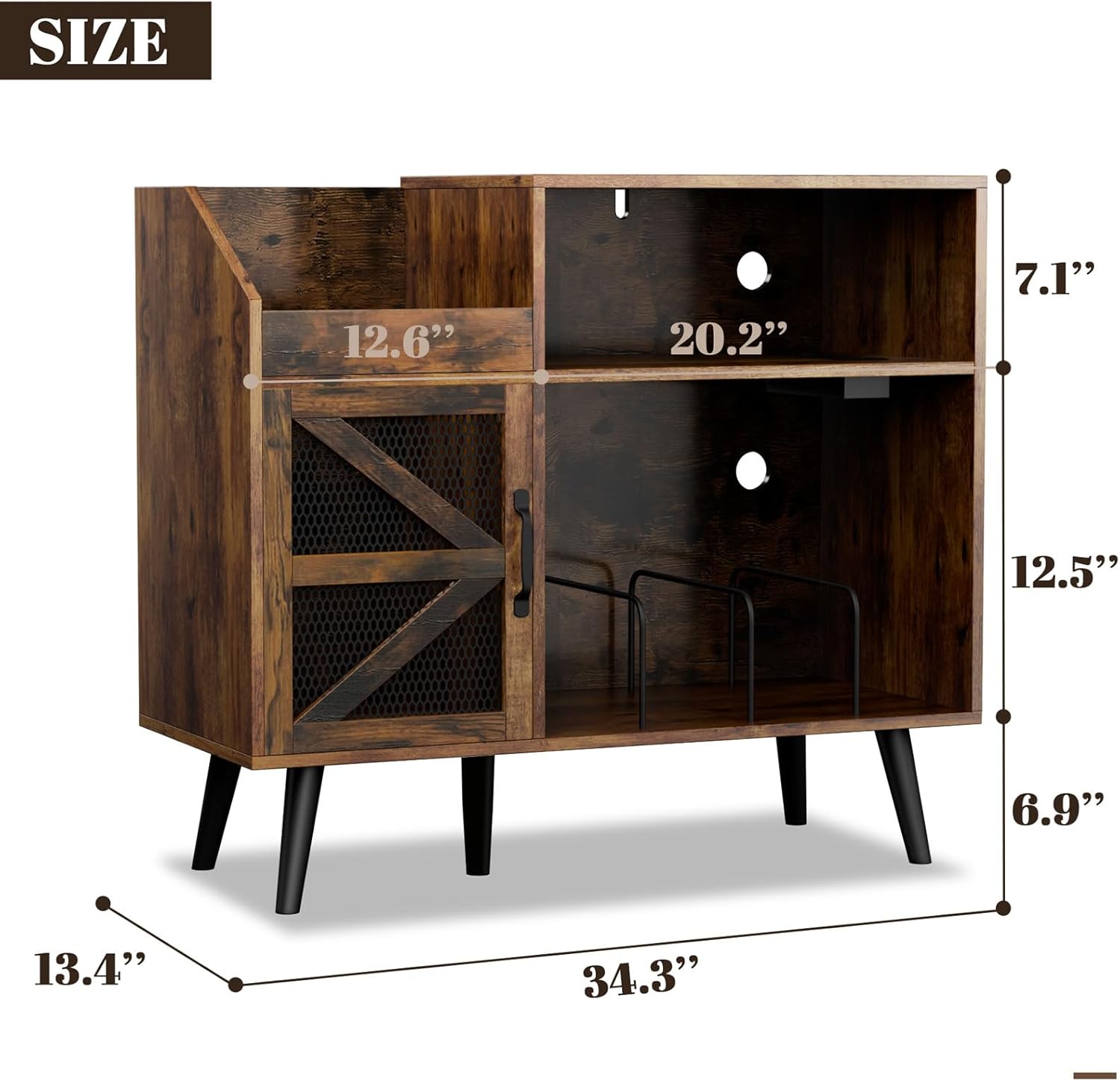 Loomie Large Rustic Record Player Stand with Power Outlet & LED Light, 350 Vinyl Record Storage Cabinet with Magnetic Door, Turntable Table with Wood Legs for Living Room (Rustic)