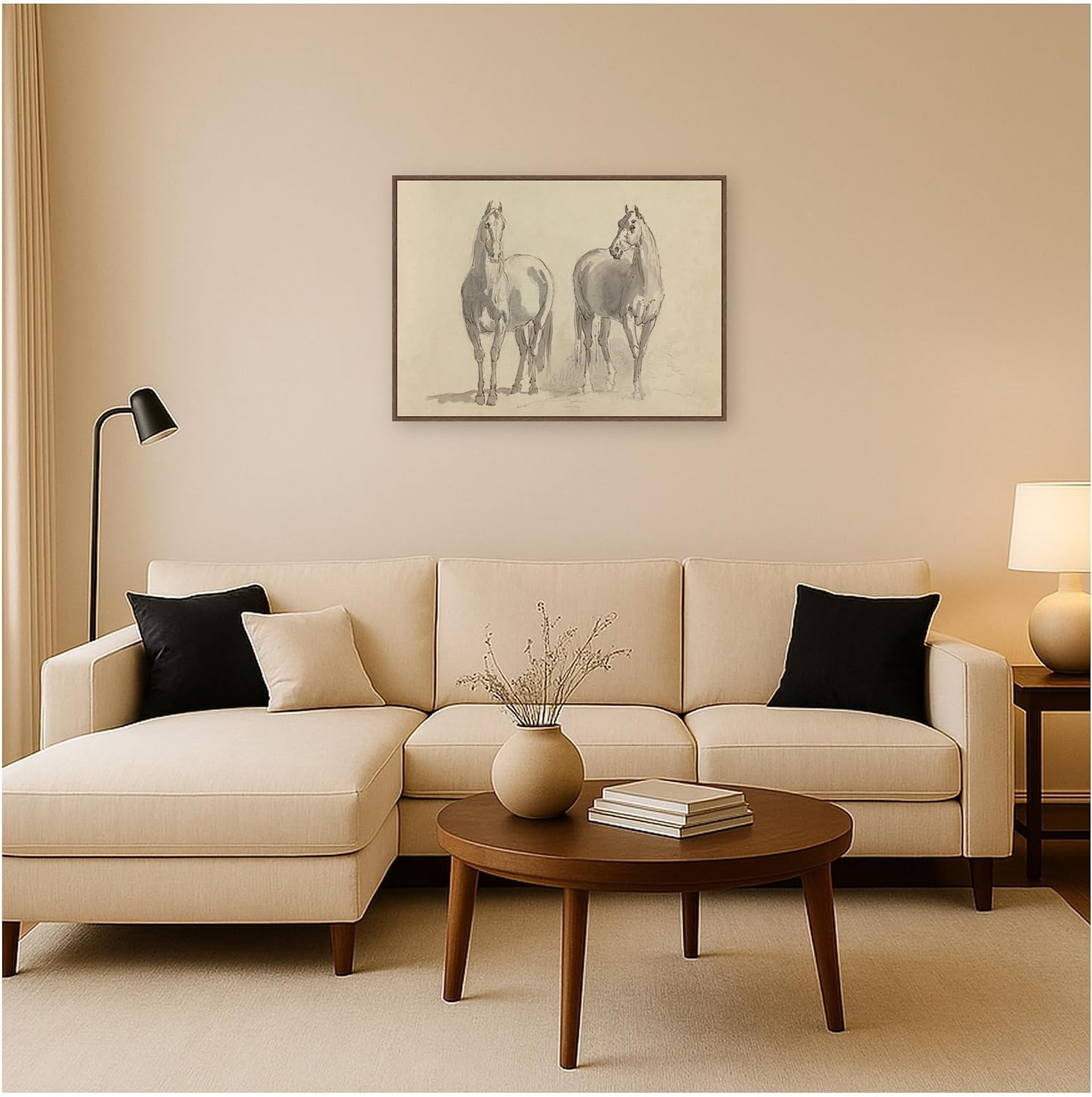 Kate and Laurel Framed Canvas Wall Art Print Fourty three Studies of Horsed and Riders by Nostalgia Prints, 38 x 28 Sylvie Walnut Frame, Traditional, Animal Art for Wall Decor