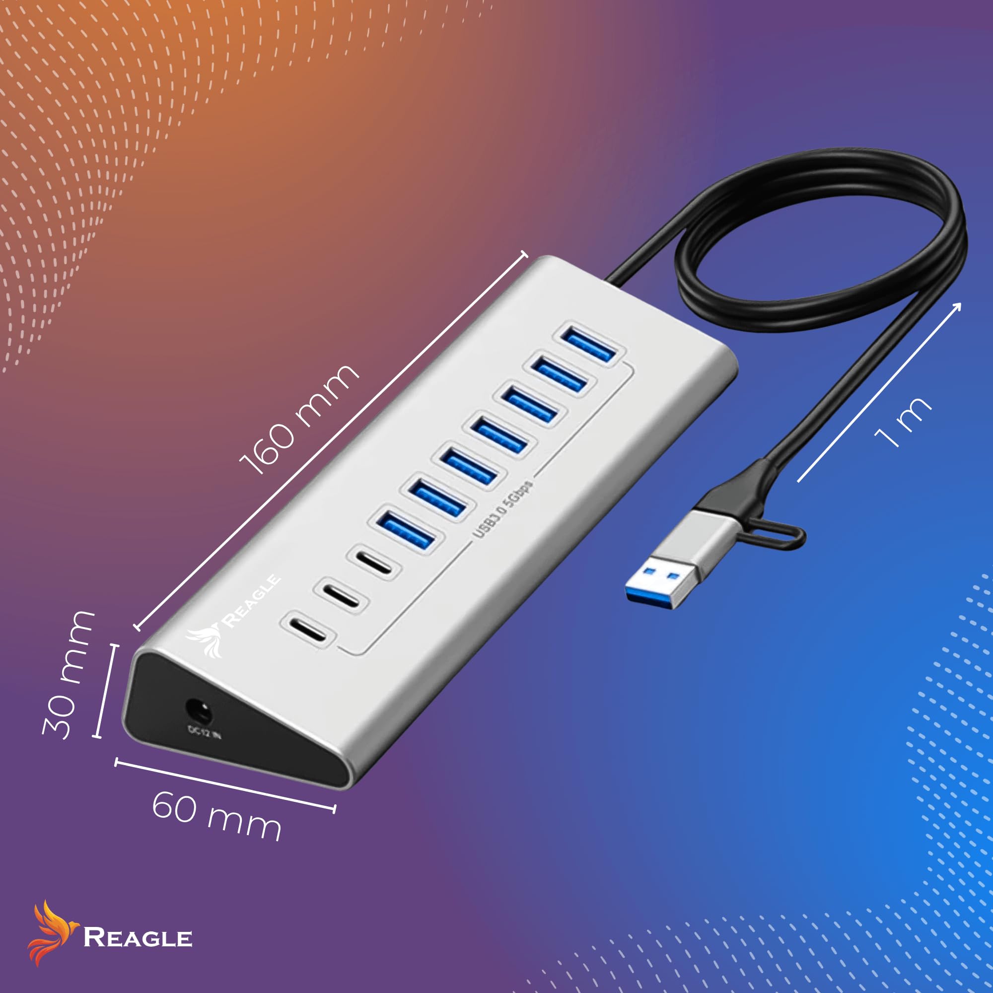 REAGLE Concentrador de 10 puertos, USB 3.2 con cable de 100 cm para escritorio, 10 en 1, 7 puertos USB-A y 3 x USB-C, 36 W, Plug and Play, aluminio USB distribuidor 5 Gbps, para PC, portátil, MacBook