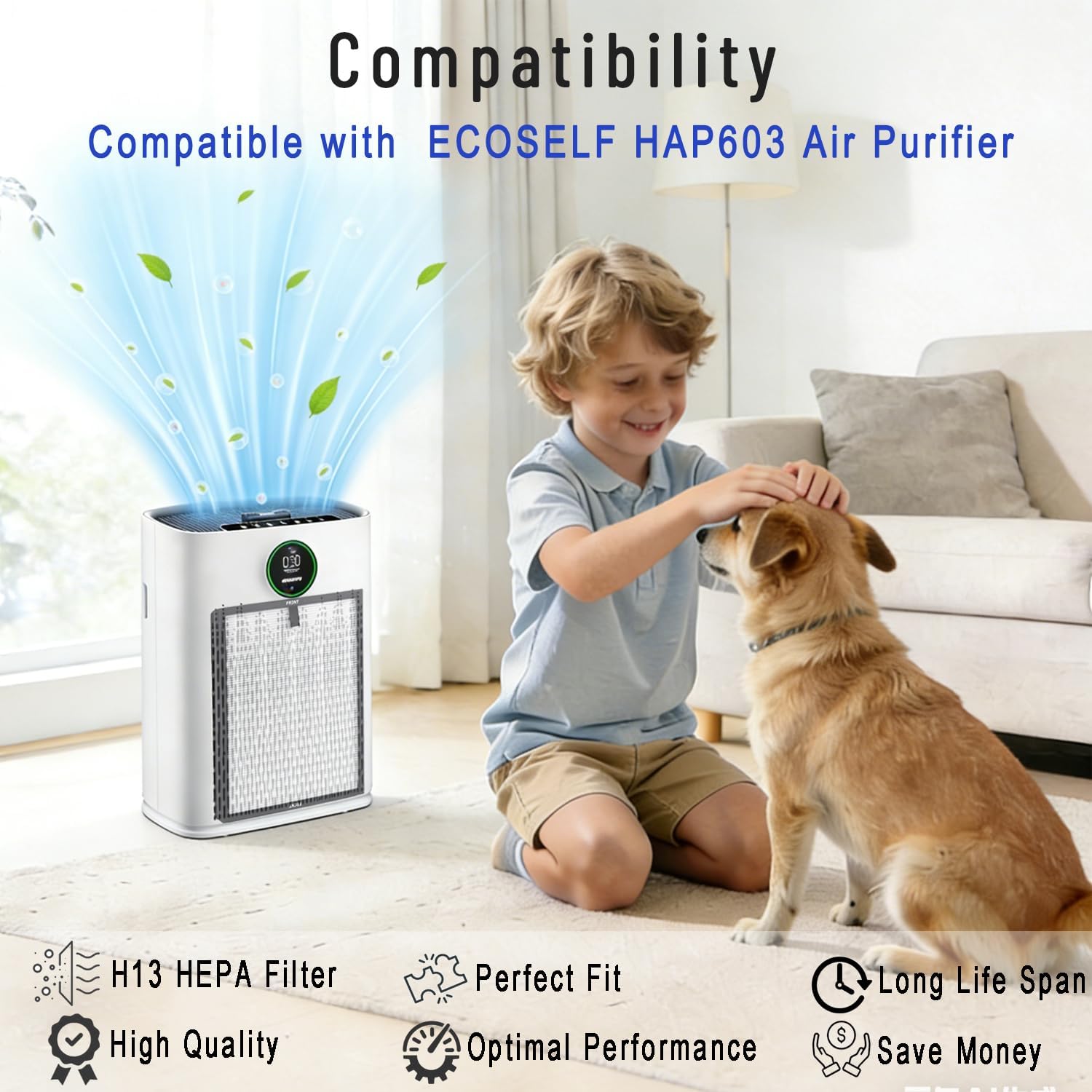 HAP603 Replacement Filter Compatible with ECOSELF HAP603 & HAP603WF Air Purifier, 3-in-1 H13 True HEPA & Activated Carbon Filters for Home Office, Part # RFHAP603, 2-Pack