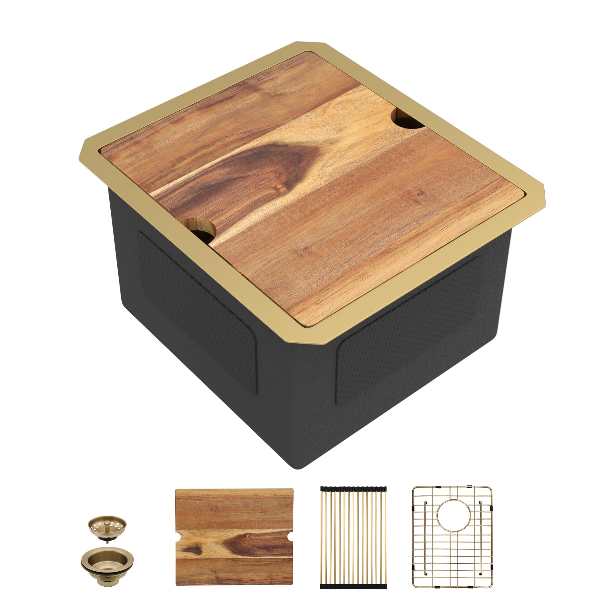 13"x15" Undermount RV Kitchen Sink Workstation – Brushed Gold NANO-PVD, 16 Gauge 304 Stainless Steel, Single Bowl Basin with Foldable Faucet for RV, Camper, Mobile Home, Wet Bar