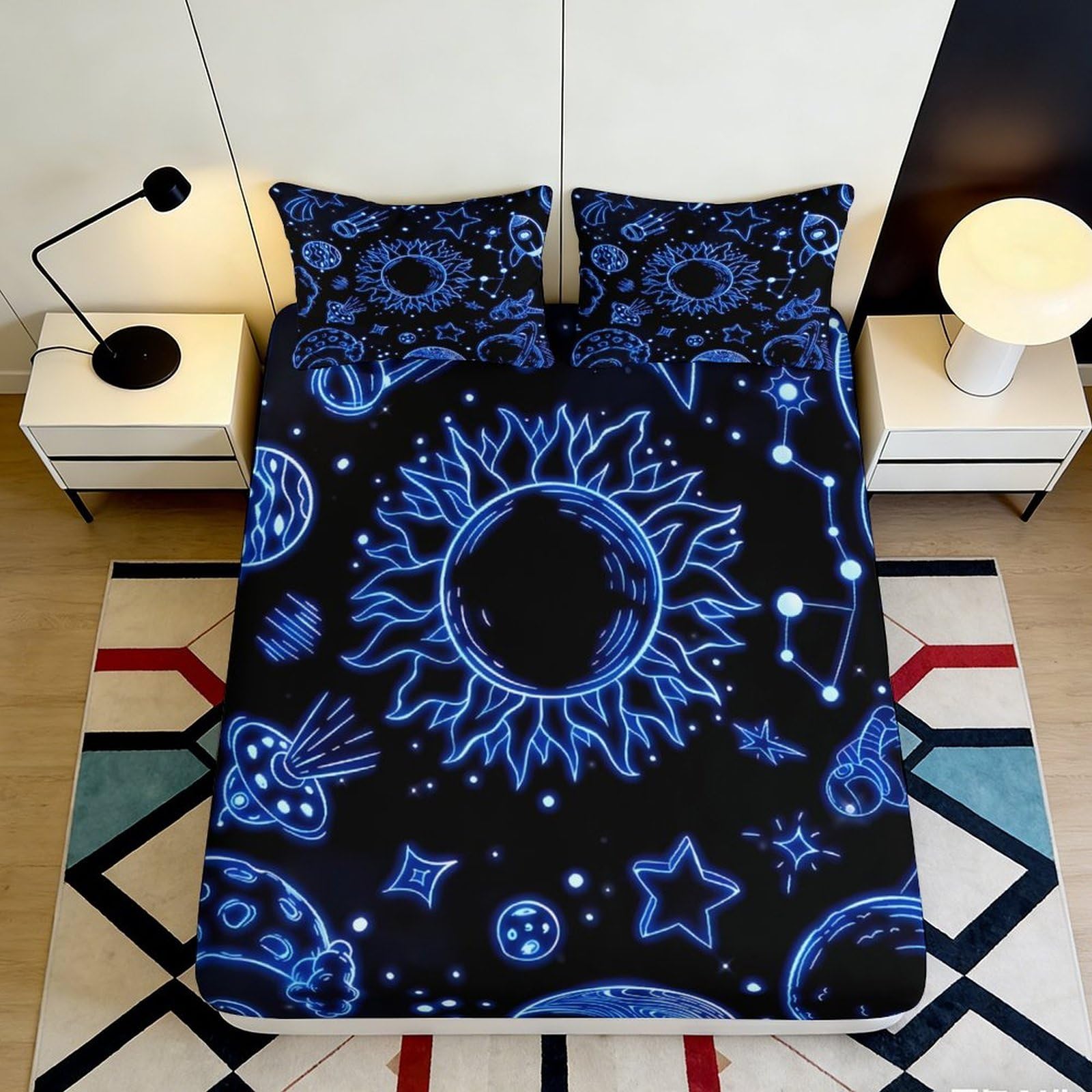 3D Printed Galaxy Starry Sky Fitted Sheet Microfiber Black Blue Cosmic Nebula Mattress Cover Bedroom Decor 200x200x25cm