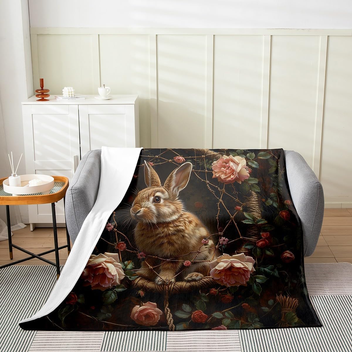 Erosebridal Rabbit Bed Blanket Cute Bunny Flannel Blanket Boho Dream Catcher Blanket for Kids Girls Rose Floral Botanical Leaves Throw Blanket Queen 90X90