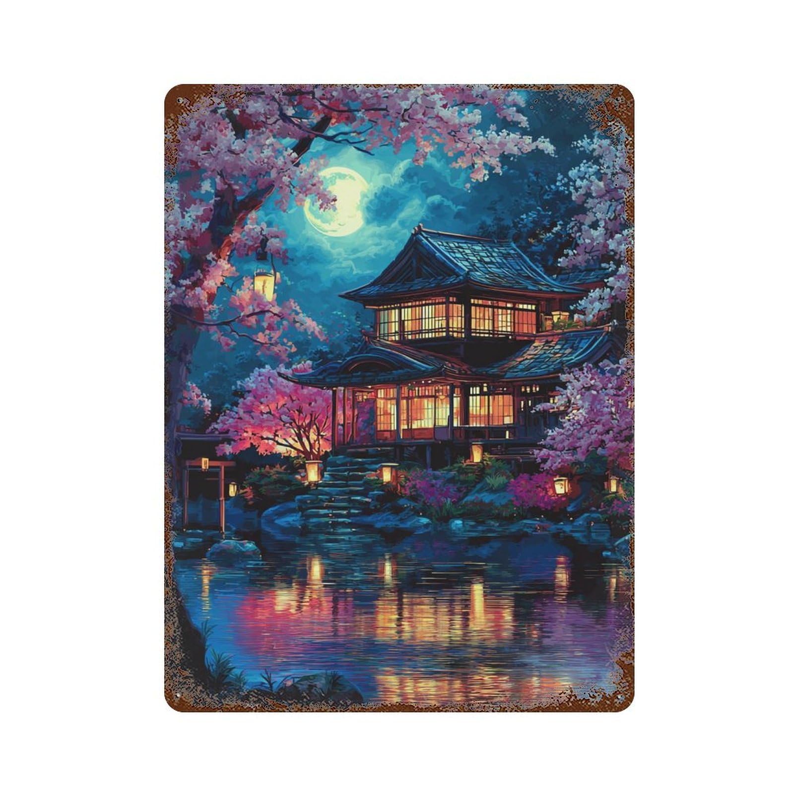 Rust Effect Cherry Blossom Moonlit Villa Aged Metal Wall Plaque 15.7"x11.8", Shabby Chic Decor for Living Room, Hallway And Home Decor