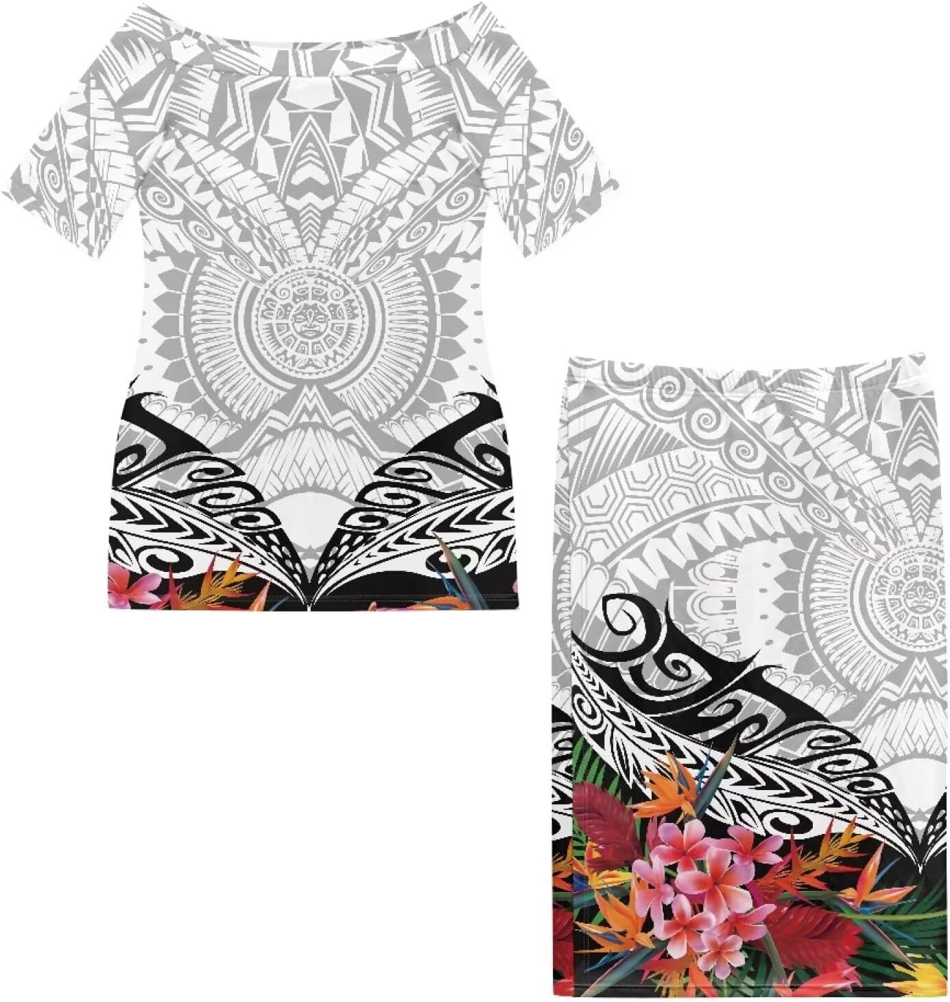 Polynesian Tribal Samoa Puletasi Set Dress Puletaha Ladies Off Shoulder Top and Skirts 2 Pcs Skirt Set Dress