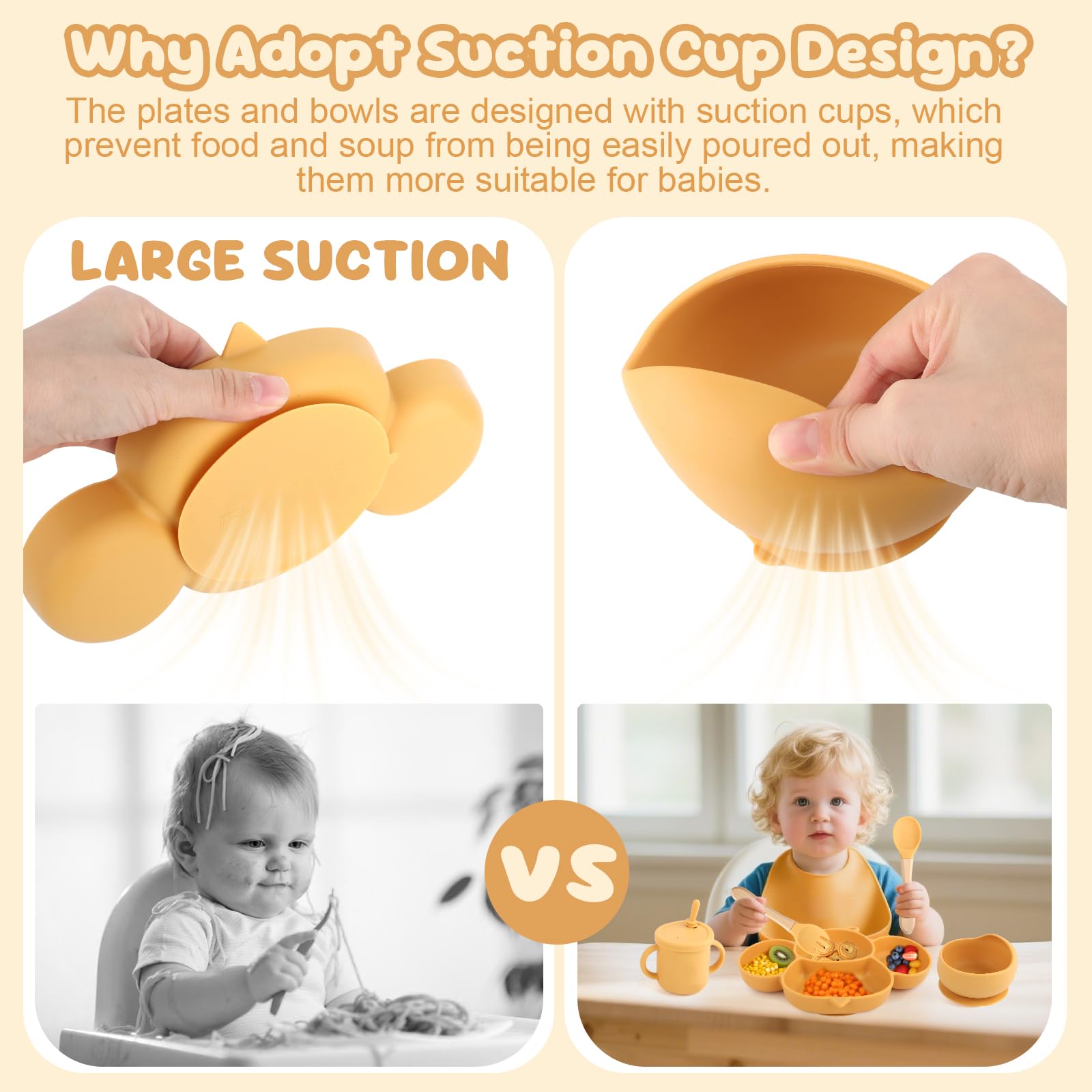 Set Repas Bébé,Silicone Antidérapant avec Ventouse, 8 pièces : Assiette Bebe Ventouse, Assiette pour Enfant avec Ventouse, Gobelet en Silicone, Cuillère, Fourchette, Bavoir, Gobelet, Jaune