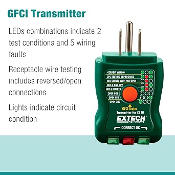 Extech CB10 AC Circuit Breaker Finder and Receptacle Tester - Professional Grade GFCI Outlet Tester for Home & Industrial Use - Pinpoint Breakers and Fuses - Includes 9V Battery and LED Indicators