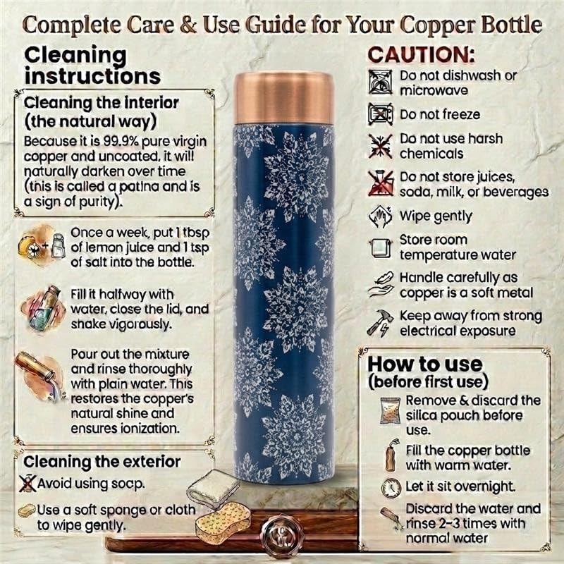 Image of VIRGIN Foodgrade 99.9% Pure Copper Water Bottle- Leakproof, Joint Free, No Lead, BPA-Free - Ayurvedic Health Benefits- Made in India - Celestial Mandala Print (705 mL)