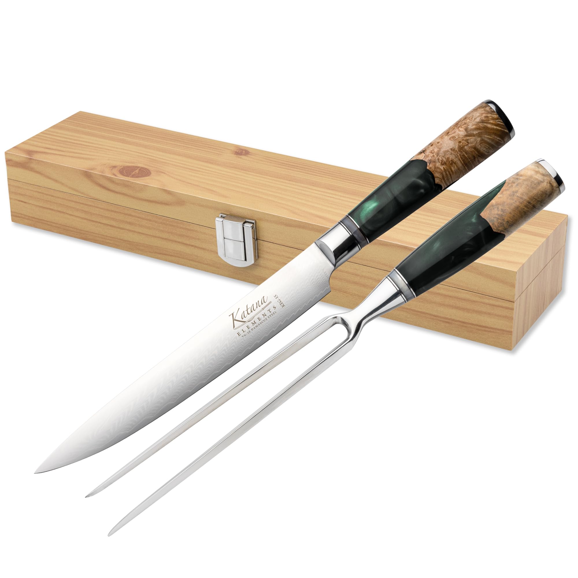 Katana Elements 2 Piece Carving Knife and Fork Set With Wooden Box, Premium VG-10 Damascus Steel Blades, Olivewood Resin Handle, Green