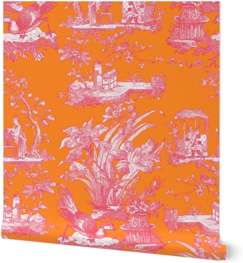 Peel & Stick Wallpaper 3ft x 2ft - Bright Orangechinoiserie Toile Pink Vibrant Chic Antique Inspired Custom Removable Wallpaper by Spoonflower
