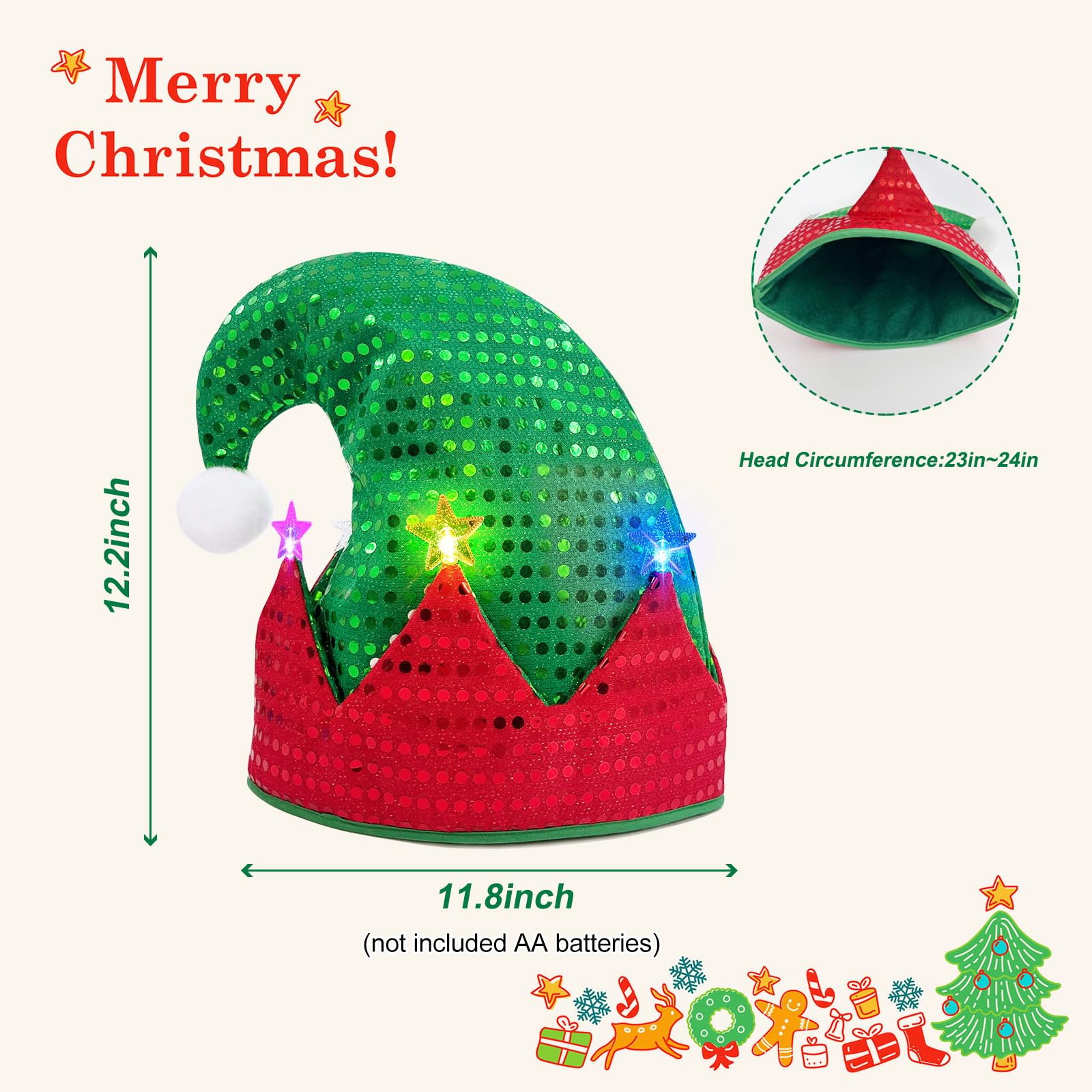 WTTORDE Elf Hat,Christmas LED Santa Hats?Light Up Elves Caps Costume Accessory,Funny Xmas Holiday Party Favors Gifts for Plays?Stage Performances,Pageants,Cosplay, New Year, Birthdays Red Green