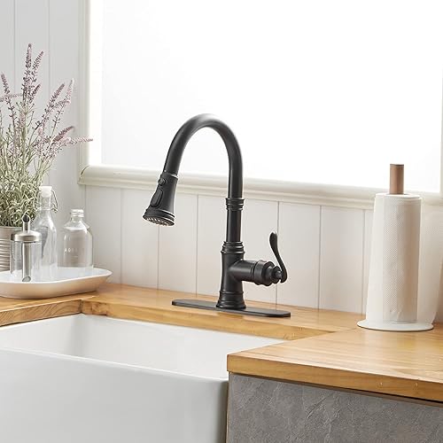 Miniatura 7 de Grifo de cocina negro mate con rociador extraíble, grifo de 3 funciones para fregadero de cocina, mango único, arco alto, cabezal de rociador