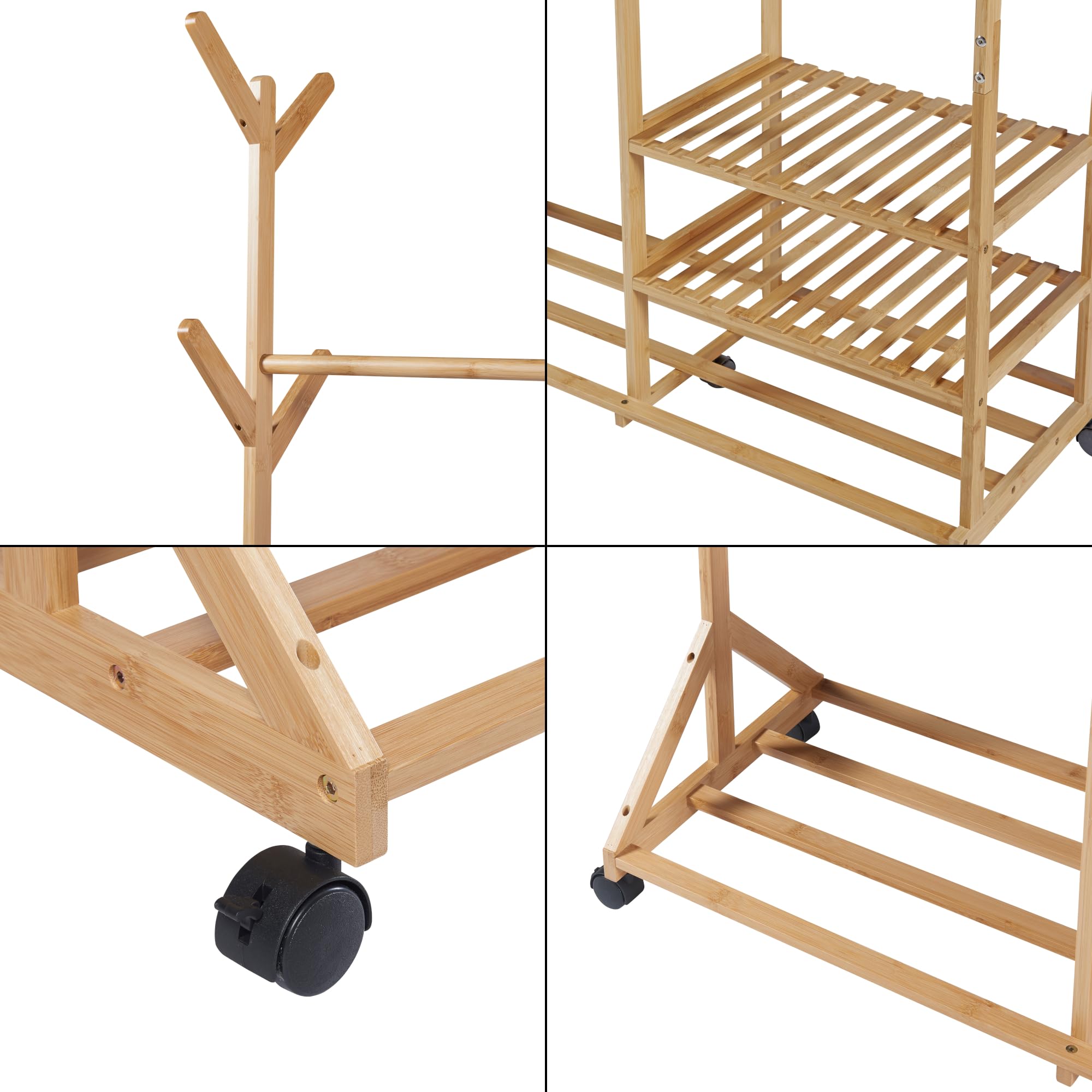 [en.casa] Perchero Burro con 5 ruedas 1 Barra 6 Perchas para Sombrero 3 Estantes para Zapatos Bolsos Accesorios Dormitorio Vestidor Estable Bambú 176x100x38 cm - Natural