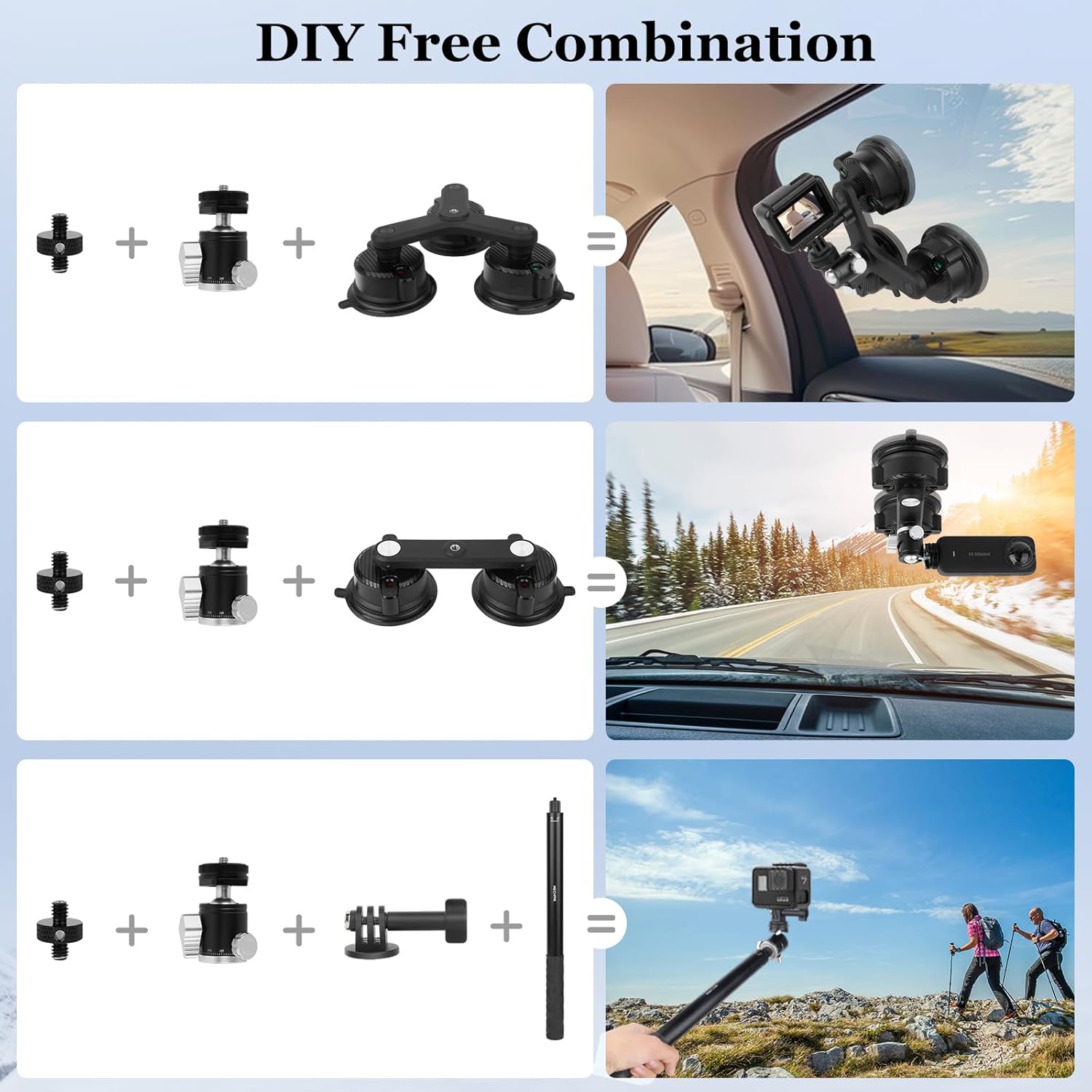 Suction Car Mount for G0pro,5-in 1 Versatile Camera Suction Cup Car Mount Kit with 360° Magic Arm & Extension Pole & Super Clamp, Quick Release Vehicle Camera Holder for Windshield,JC021