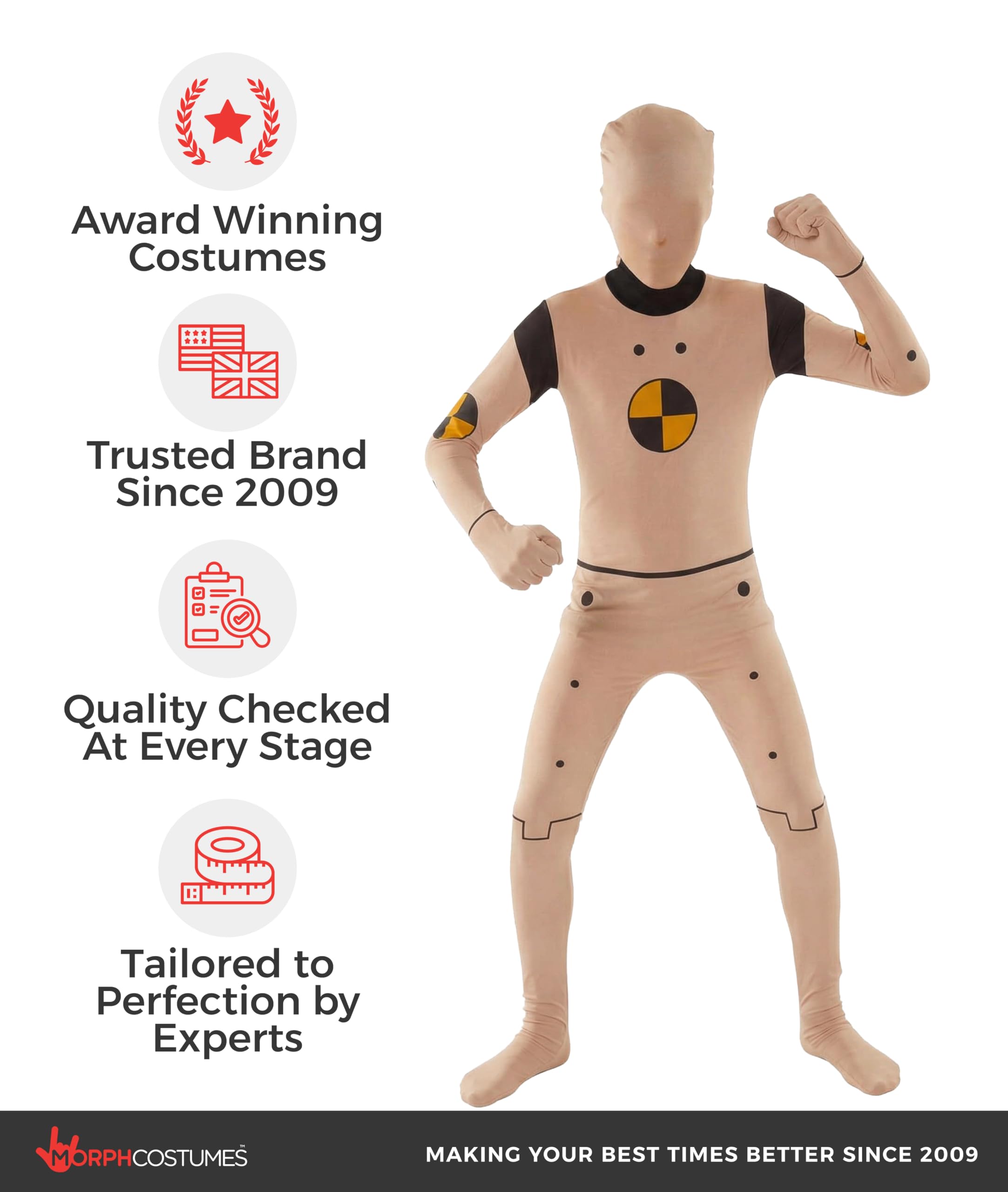 Morphsuits Costume Manichino Crash Test Bambino, Tuta Halloween Bambino | Tuta Integrale con Cappuccio, Dettagli Stile Fumetto Gialli, Perfetto per Halloween, Ideale per il Gioco di Ruolo