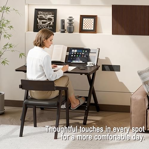 Miniatura 6 de Escritorio plegable de bambú, escritorio de nogal moderno de mediados de siglo de 31 pulgadas con altura ajustable, escritorio para computadora de