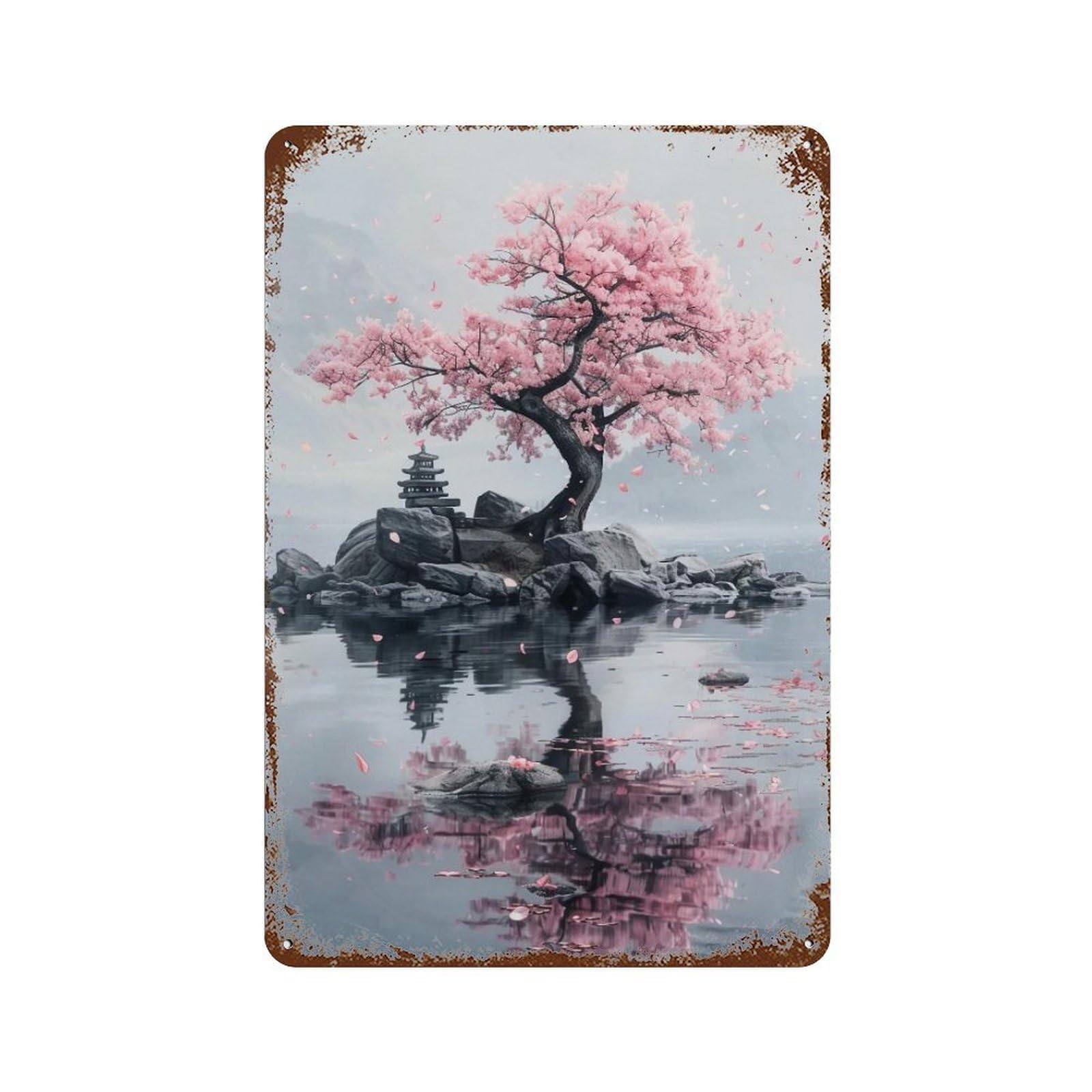 HDURYEYRYY Sakura Tree on Misty Lake Island 03 Wall Retro Iron Vintage Art Metal Tin Sign Poster Modern Home Cofffee Club Art Bar Shop Decor Style 30x20cm