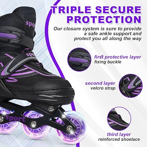 Miniatura 2 de Patines en línea para niñas de 6 a 12 años, cuchillas ajustables de 4 tamaños para niñas y niños, jóvenes y adolescentes, principiantes con ruedas