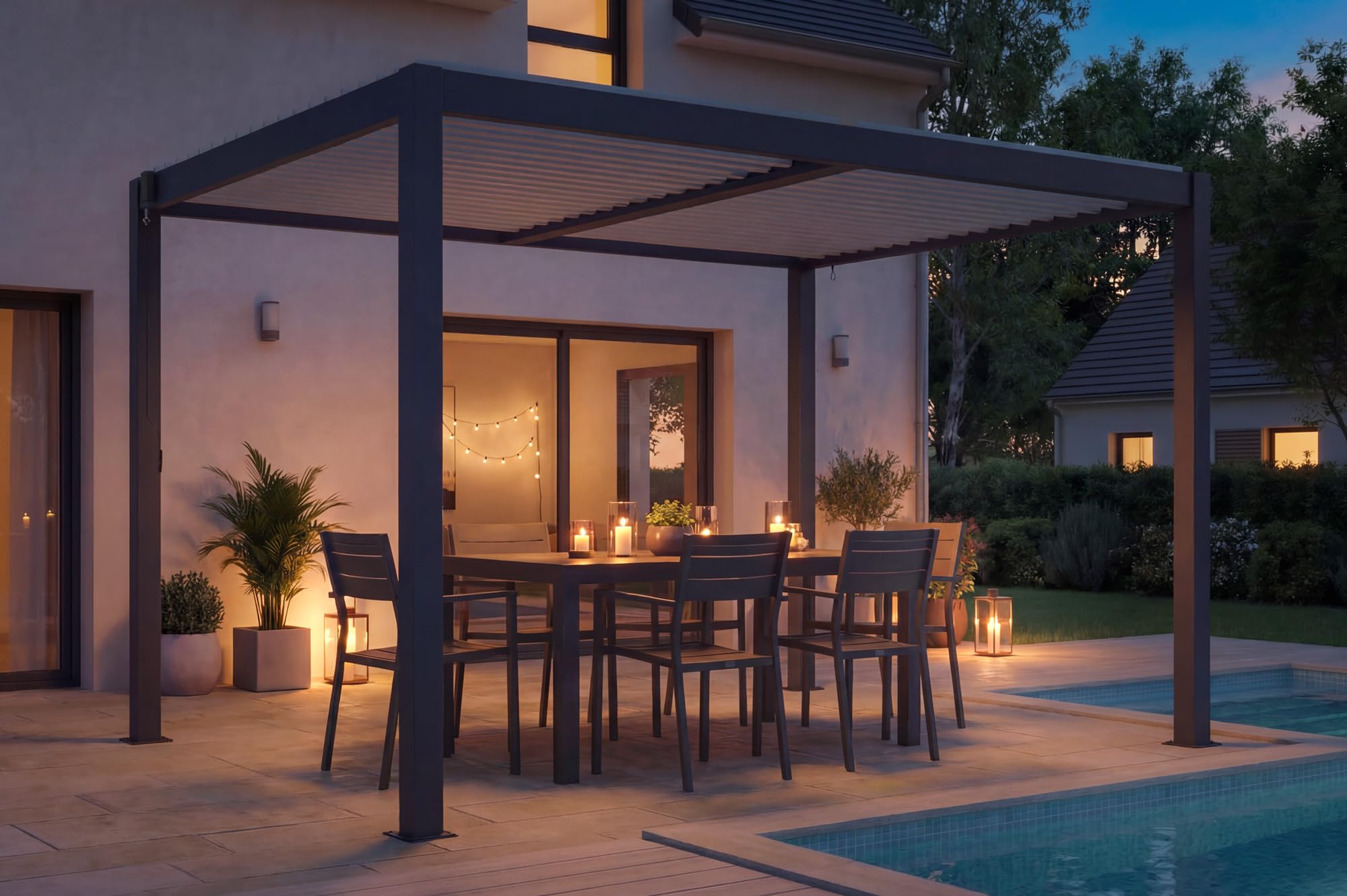 Cazeboo Pergola bioclimatica autoportante AGOSTA 4x3, altezza 250 cm - Alluminio grigio con doghe bianche
