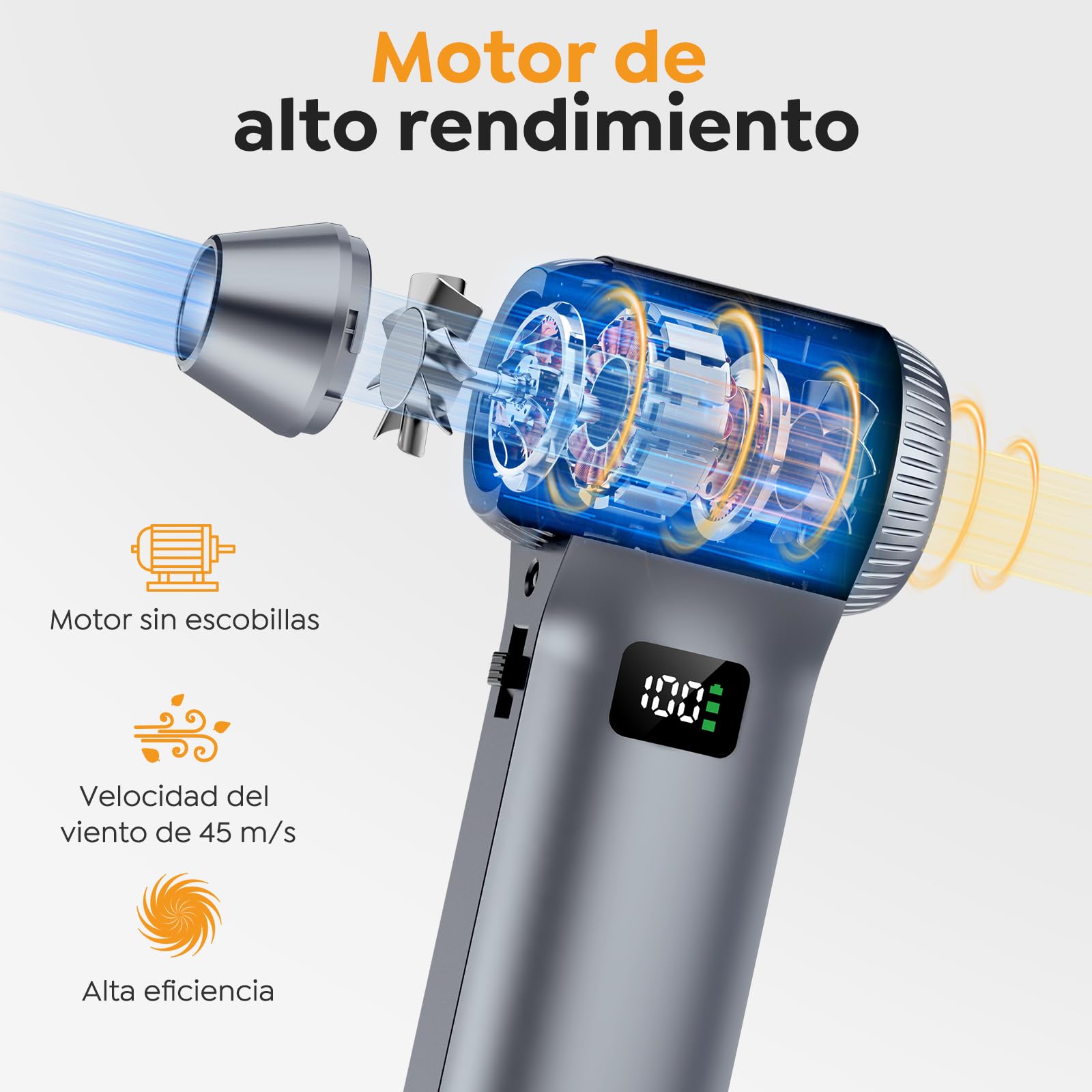 Compressore Aria Portatile, 230.000RPM Soffiatore Aria Compressa, 100 Livelli di Velocità Regolabili, Mini Soffiatore a Batteria con Luce LED e Display,Soffiatore per la Polvere per Casa,Auto,Esterni