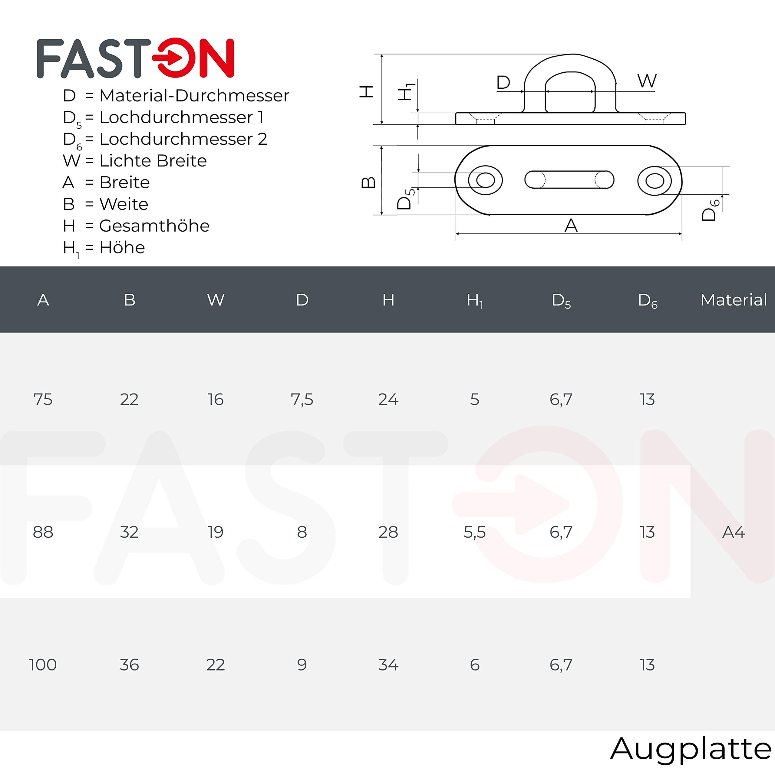 FASTON® Augplatte Oblong poliert Edelstahl A4 V4A Bügelplatte Deckauge Wandöse Befestigungshaken Ösenplatte Wandbefestigung Zurröse