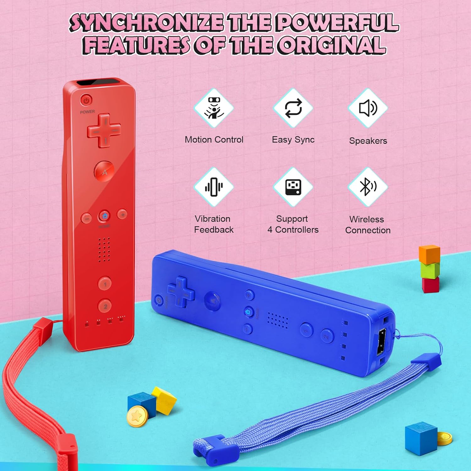 Wii Controller 2 Pack, Wii Remote Controller and Nunchuck Joystick with Silicone Case and Wrist Strap for Holiday (Red and Dark Blue) - Image 2
