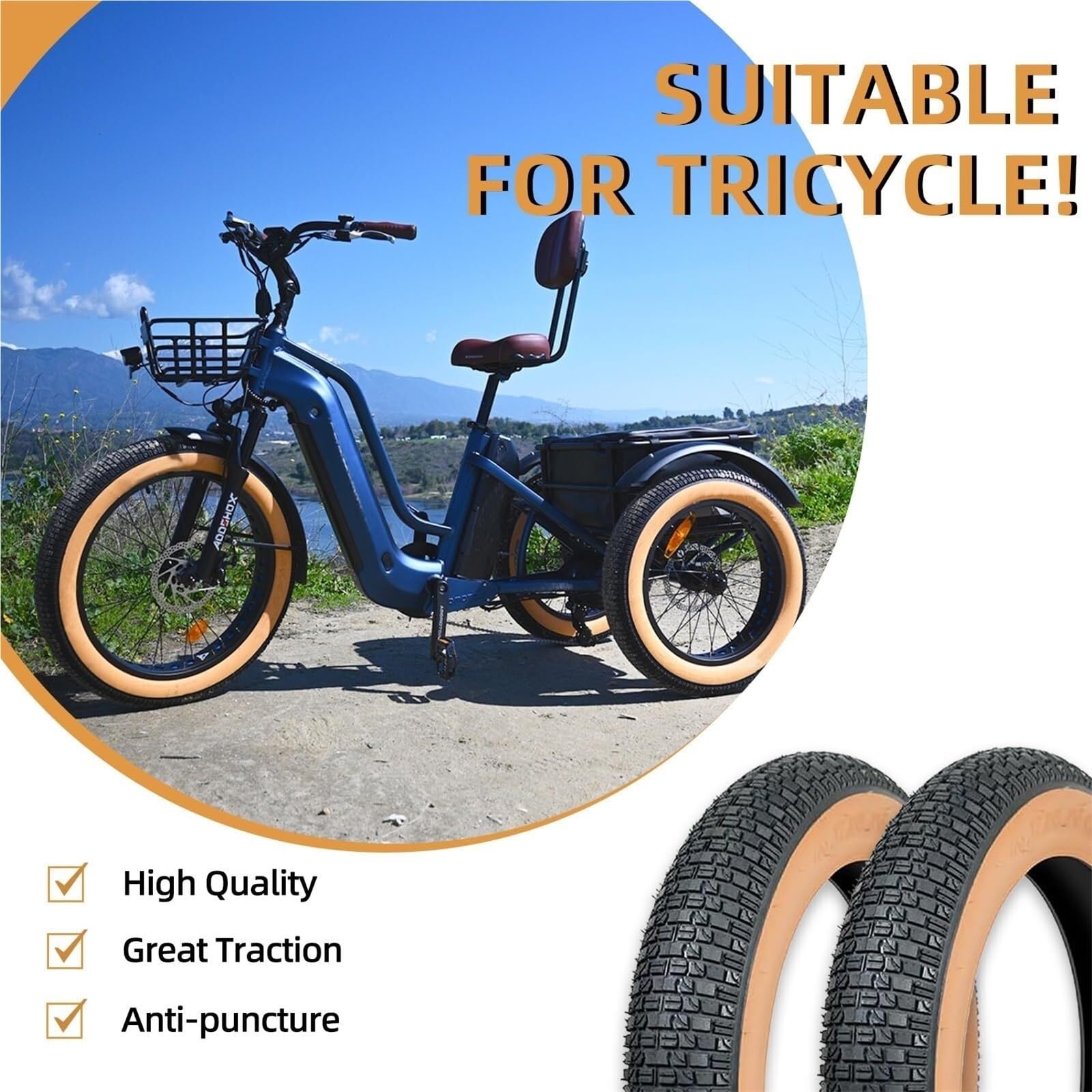 20x4.0/26x4.0 Pollici Pneumatici Fat Antiforatura | Gomma Tubeless Ready for Tutti i Terreni con Battistrada Profondo | Compatibili con Tricicli Elettrici da Montagna e da Neve(20x4.0 in)