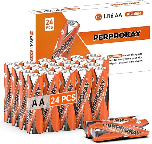 perprokay Baterías Aa, pilas alcalinas Aa, paquete de 24, 10 años de vida útil, baterías dobles A para dispositivos de oficina, dispositivos