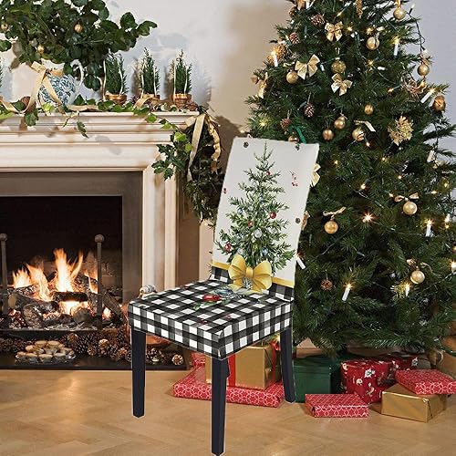 Miniatura 2 de Juego de 6 fundas para sillas de Navidad, diseño de búfalo a cuadros, color blanco y negro, elástico, desmontable, lavable, decoración para sillas