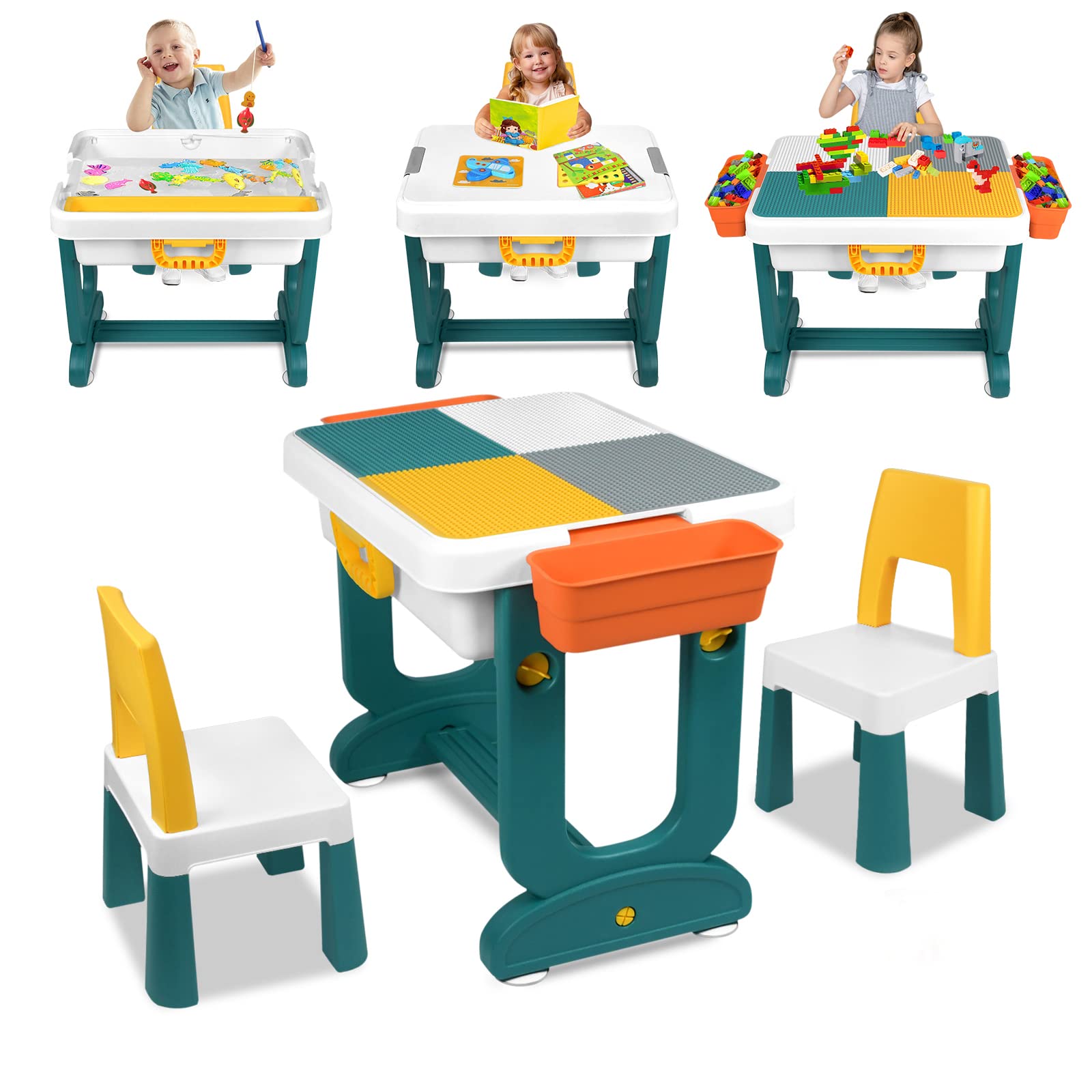 Mesa Infantil con sillas, Juego 5 en 1, Mesa para niños, Mesa de Juegos con 1 sillas, Mesa de Doble Cara, Altura Ajustable, Espacio de Almacenamiento Multifuncional para niños