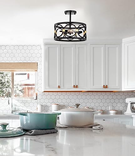 Miniatura 6 de Mr. Color - Lámpara de araña de 3 luces semiempotrada para casa de campo, color negro y dorado