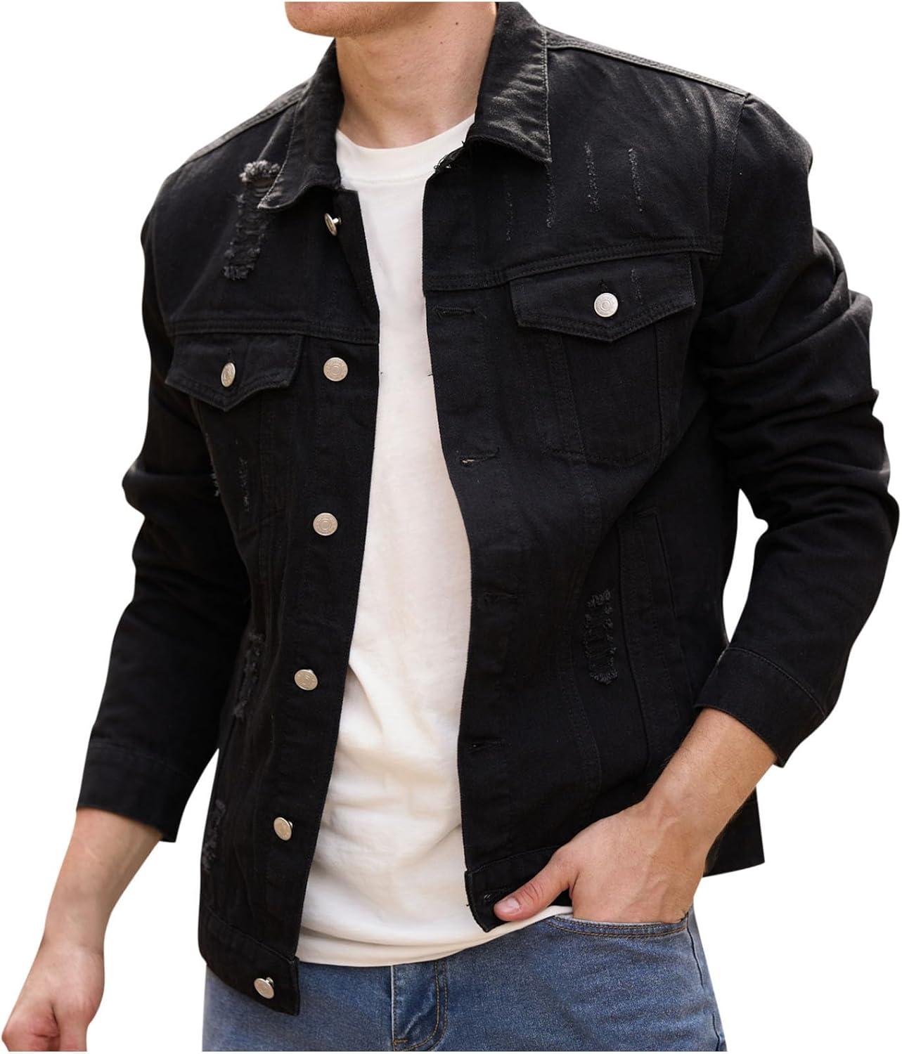 Jean Jacket for Men Button down Distressed Ripped Solid Color Casaul Denim Outerwear Jacket Coat with Multiple Pocket