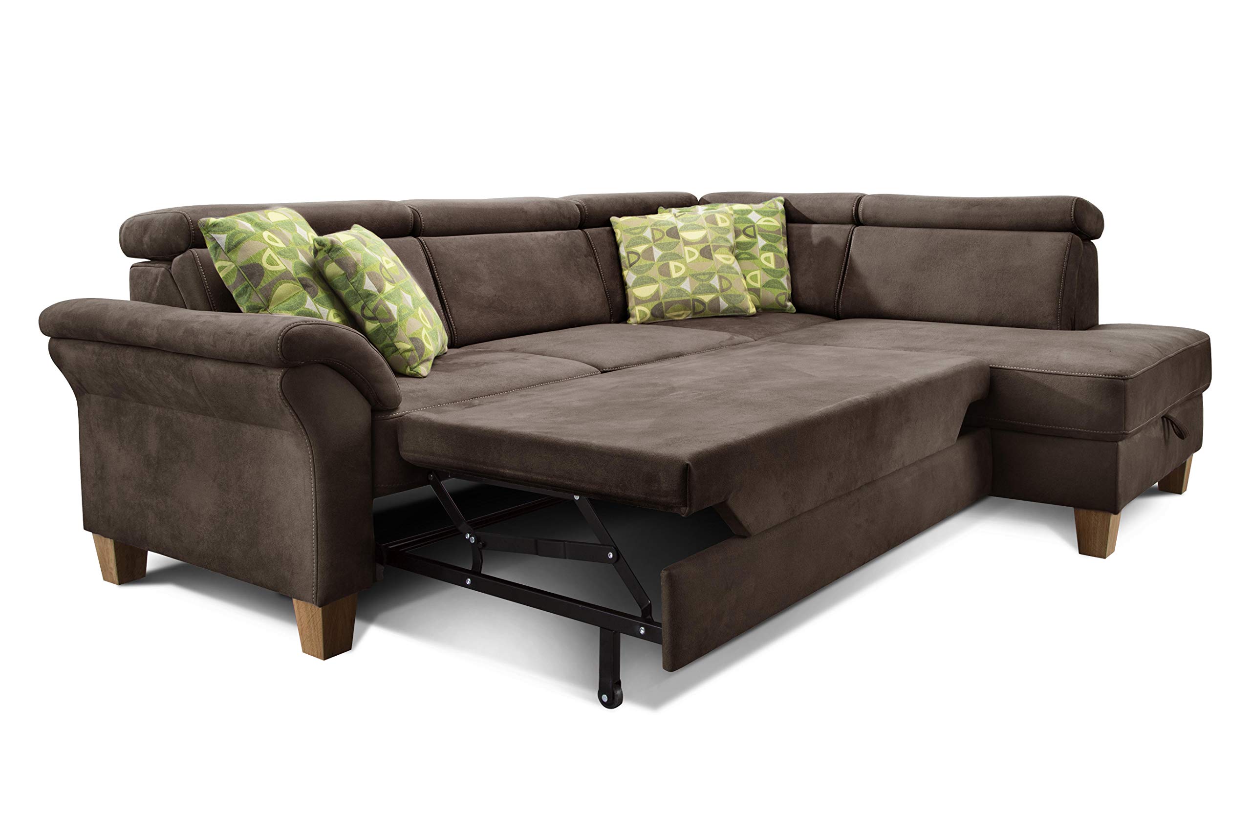 CAVADORE - Divano letto Ammerland con ottomana a destra, in stile country, con poggiatesta regolabile, letto e cassettone, 245 x 84 x 194, effetto pelle, colore: marrone