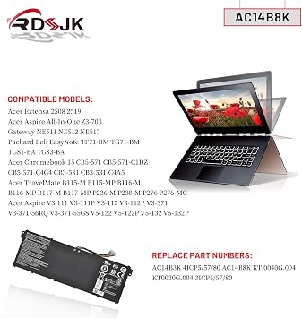AC14B8K AC14B3K Laptop Battery for Acer Aspire R3-131T R5-471T R5-571T R7-371T Chromebook CB3-111 CB3-511 CB3-531 CB5-571 Swift 3 SF314-51 SF314-52 Nitro 5 AN515-51 AN515-52 AN515-53 Series 15.2V 48Wh