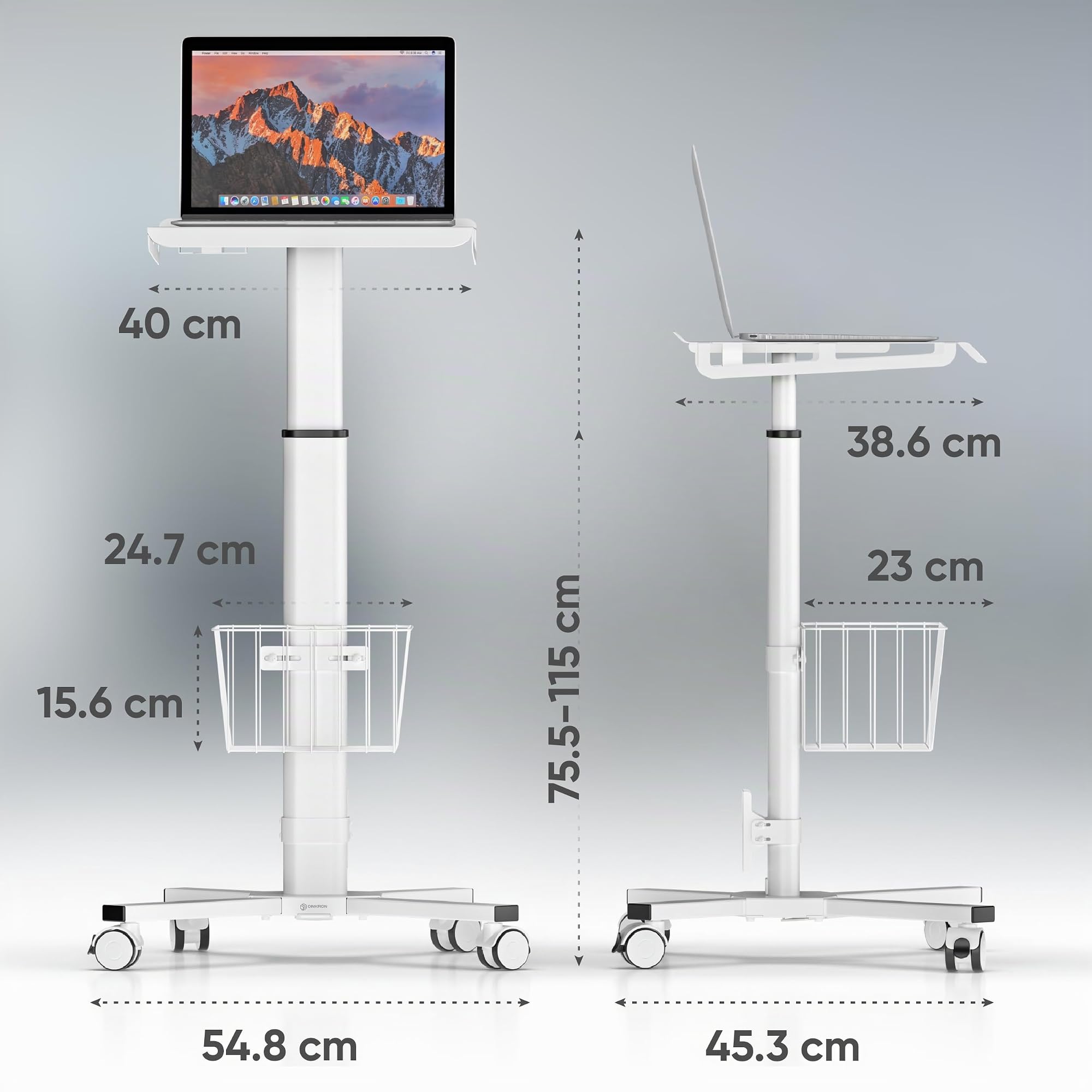 ONKRON Petit Bureau roulettes Charge Optimale 8 kg, Table Roulante pour Lit Medicale, Poste de Travail Réglable en Hauteur, Table Ordinateur Portable, Bureau Petit Espace avec Rangement Blanc LMG30-W