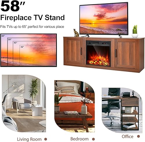 Miniatura 5 de Tangkula Soporte eléctrico para TV de hasta 65 pulgadas, con chimenea sintética de 18 pulgadas y 1500 W, termostato integrado, brillo de 5 niveles,