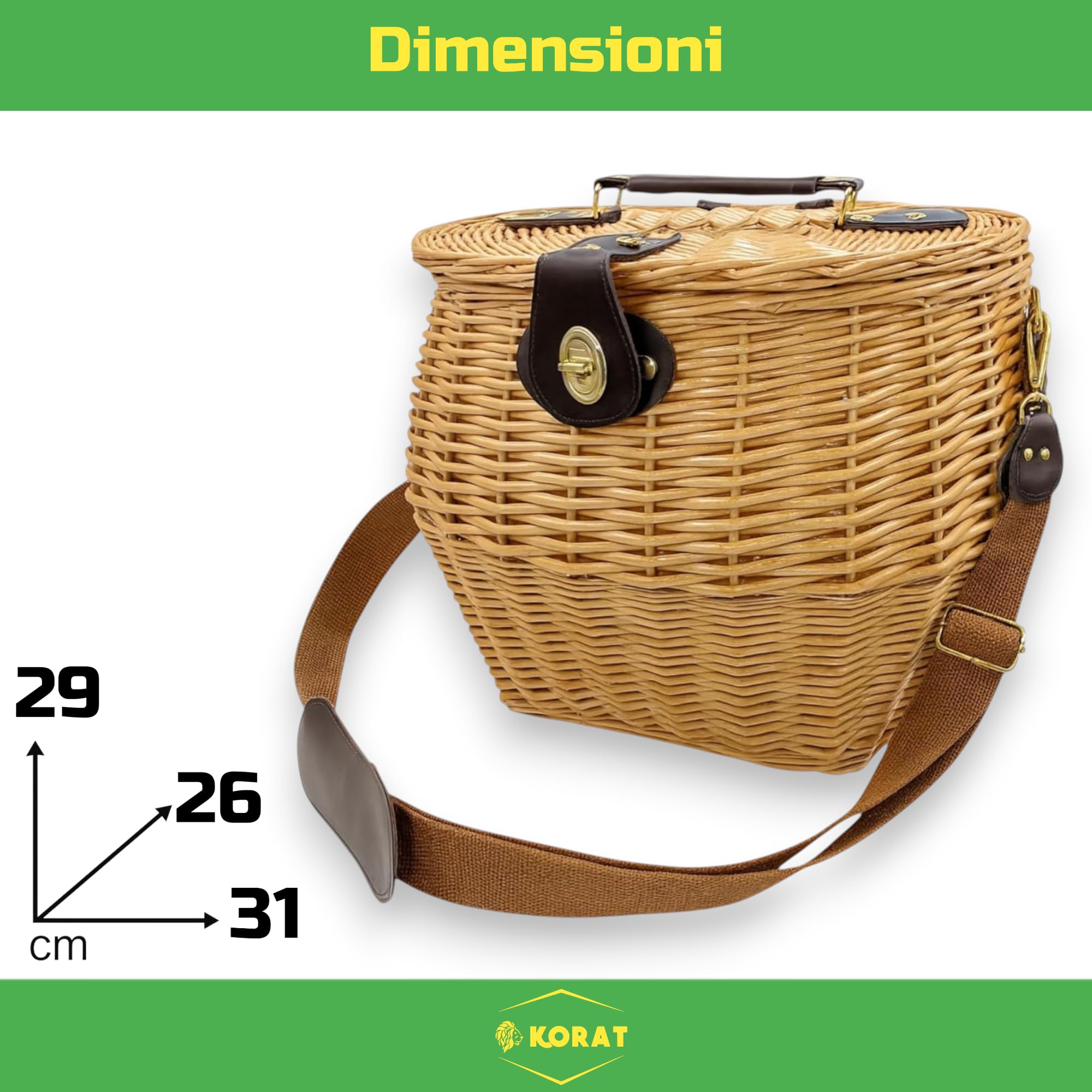 KORAT - Cestino in Vimini con Tracolla e Chiusura in Ottone, Cesto Raccolta Funghi 31x26x29 cm, Borsa Intrecciata Naturale con Maniglia, Robusto e Portatile per Outdoor e Picnic