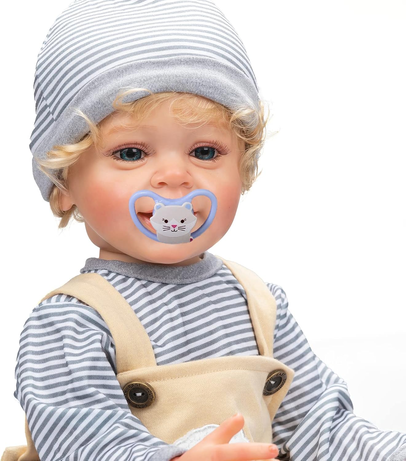 TERABITHIA 22 Inches Rooted Blond Curly Hair Lifelike Reborn Baby Doll Crafted in Vinyl Full Body Anatomically Correct Newborn Realistic Smiling Toddler Boy Dolls with Teeth Look Real