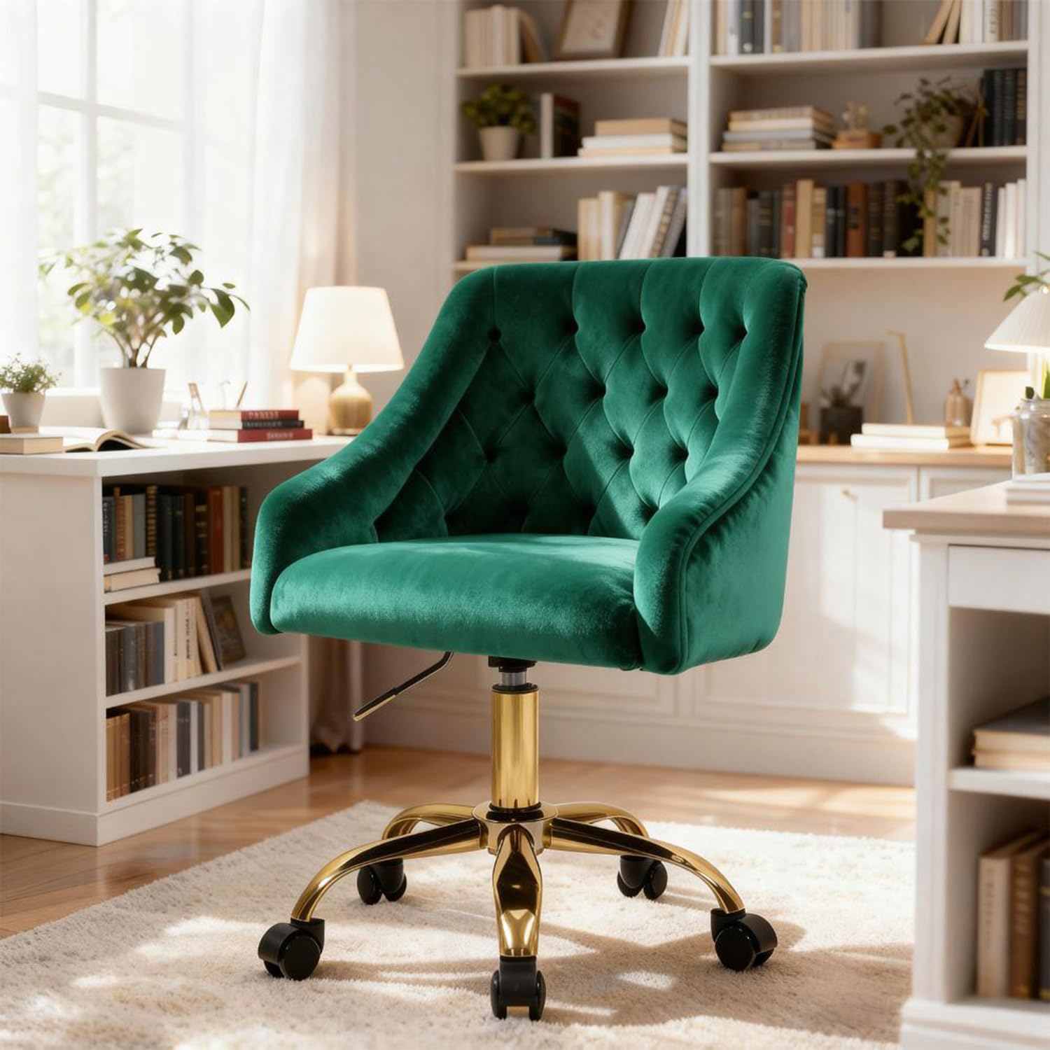 Silla Escritorio, Silla tocador con Ruedas, Altura Regulable y cojín Grueso, Patas Doradas, Ideal para Oficina y tocador, Terciopelo Verde