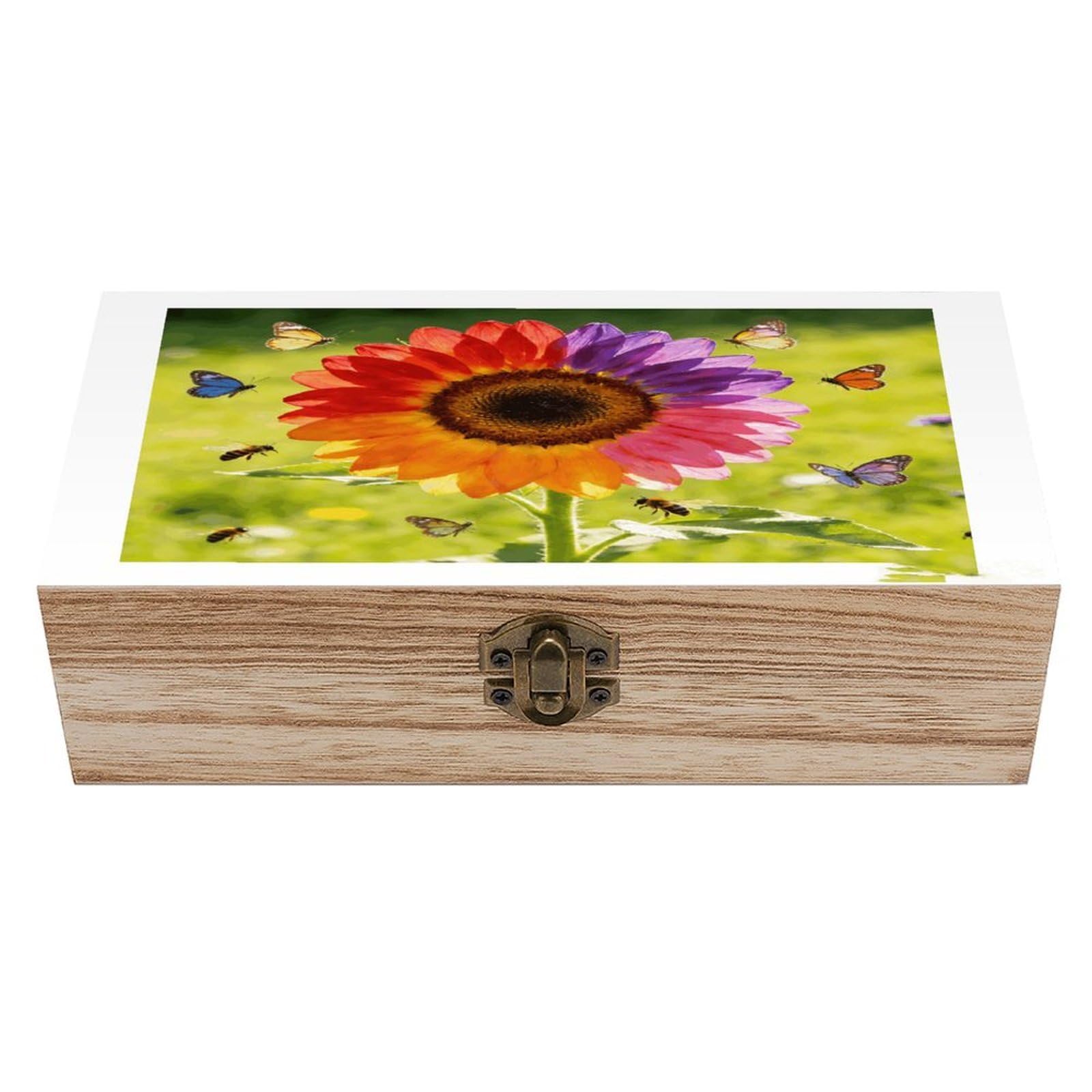 LZQPOEAS Colorful Sunflower Wooden Keepsake Box Wooden Storage Box Container with Hinged Lid Beautiful Wood Memory Box Decorative Jewelry Case for Crafts Art Hobbies & Trinket Storage