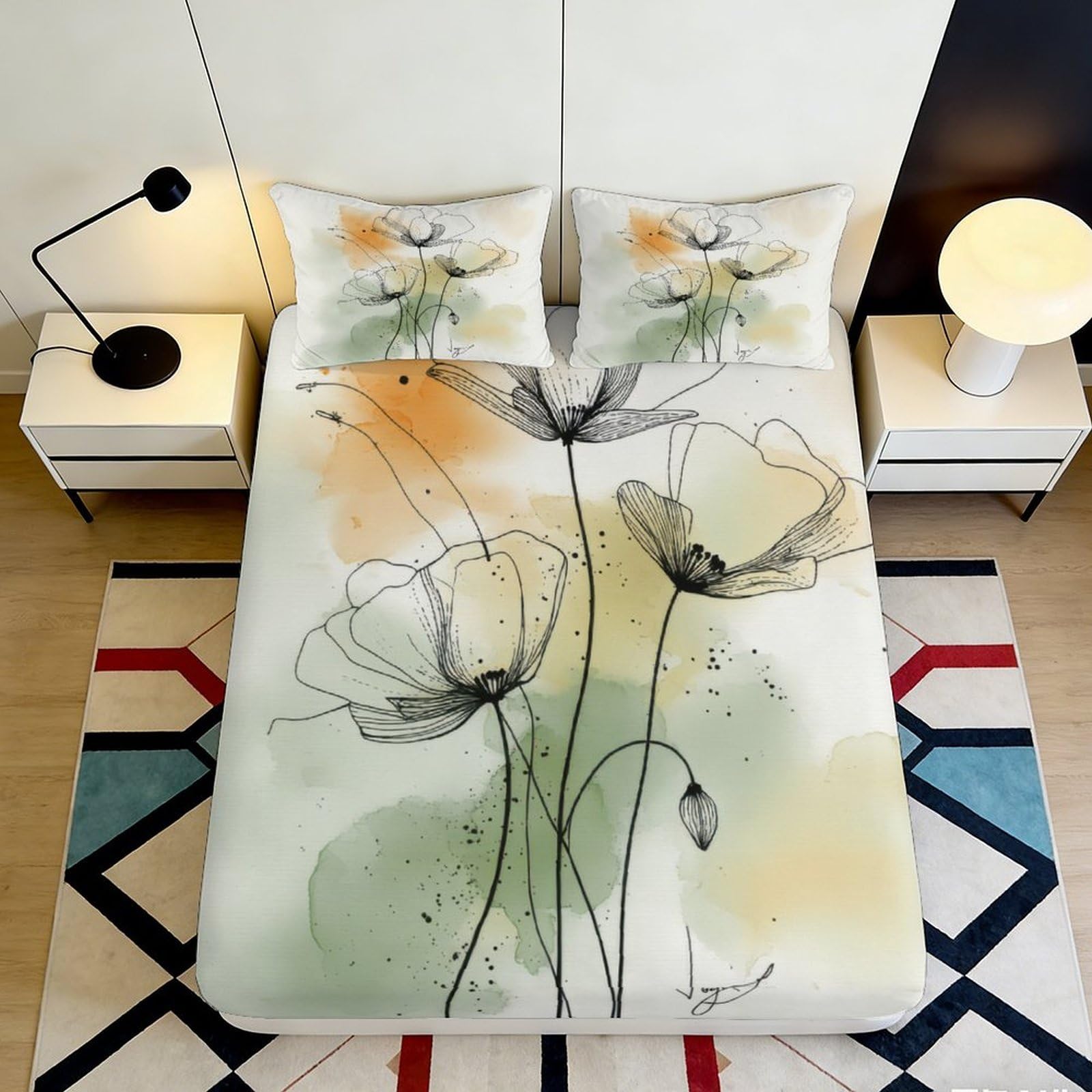3D Printed Watercolor Poppy Fitted Sheet Microfiber Soft Anti-Slip Wildflower Bed Cover for Bedroom Guest Room Decor 90x200x25cm