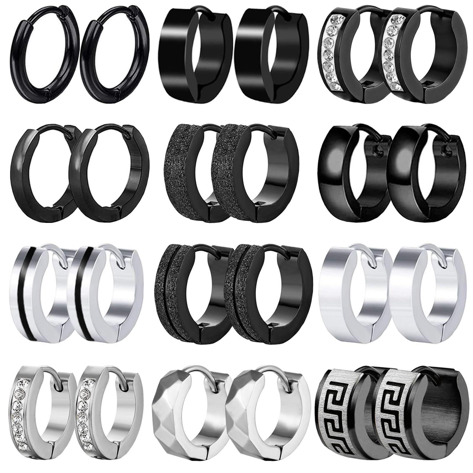 VELESAY 12 Pares Pendientes Aro Hombre Pendientes Acero Quirurgico Negros Pendientes de Aro Aretes para Hombre Punk Negro Pendientes Hombre Aro Punk Pendientes Hombre Mujer