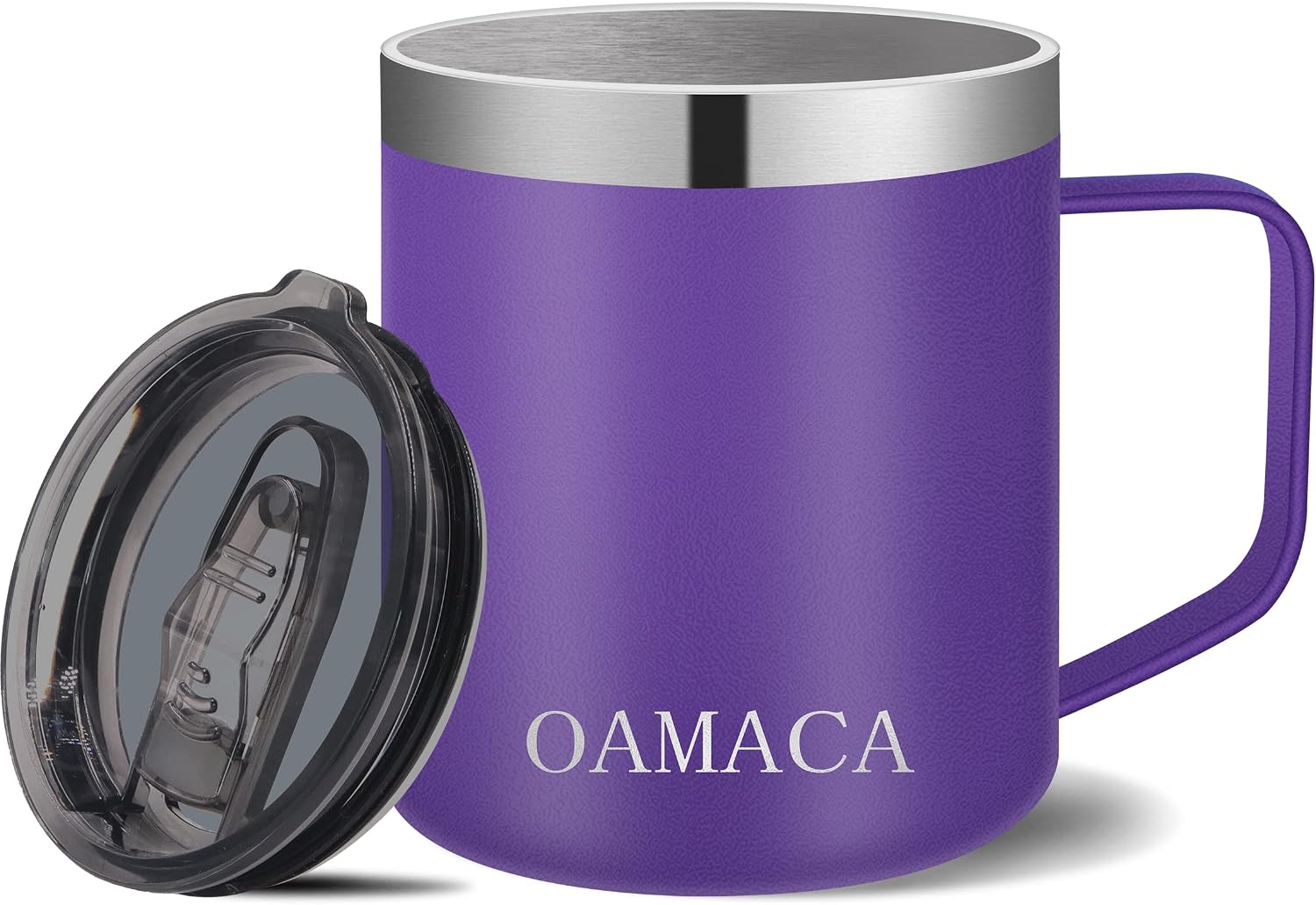 Oamaca 12OZ Coffee Mug with Lid, Vacuum Insulated Travel Tumbler with Handle,Double Wall Stainless Steel Powder Coated Mug Cup,Spill-proof Outdoor Thermos Cup for Hot & Cold Drinks,Purple
