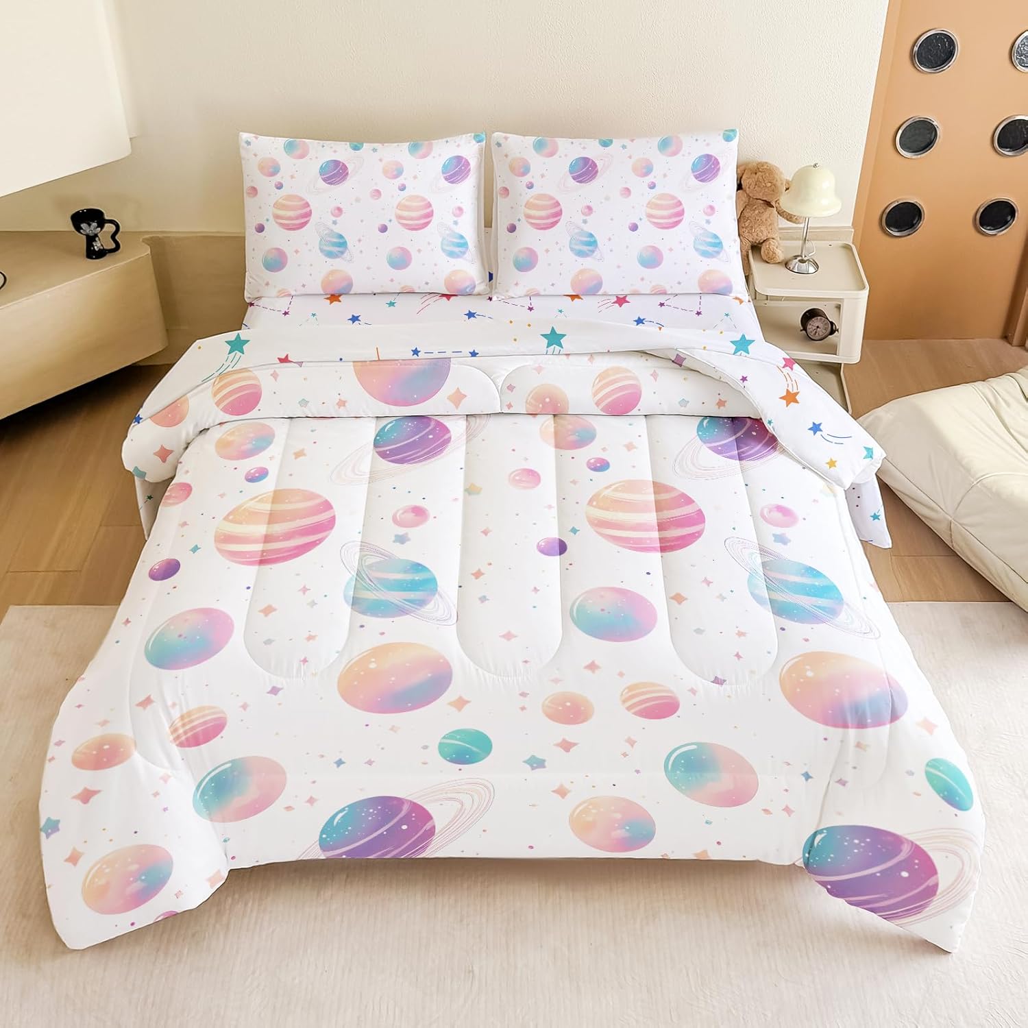 Boys Twin Size Space Bedding Set - 5 Piece Rocket & Galaxy Comforter with Deep-Pocket Sheet, Whole-Piece Filling, Machine Washable Bed-in-a-Bag for Kids' Room Makeover & Gifts