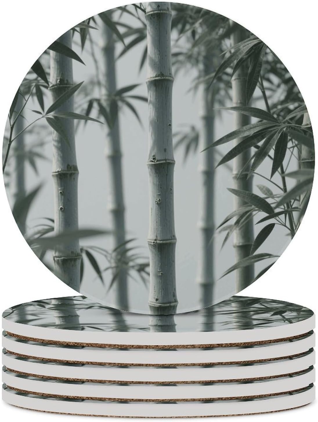 6PCS Bamboo Printed Coasters Non-Slip Round Drink Coasters with Ceramic Stone and Cork Base, Heat Resistant Absorbent 33.00Stone Coaster Set for Kinds of Mugs and Cups, 4 Inch