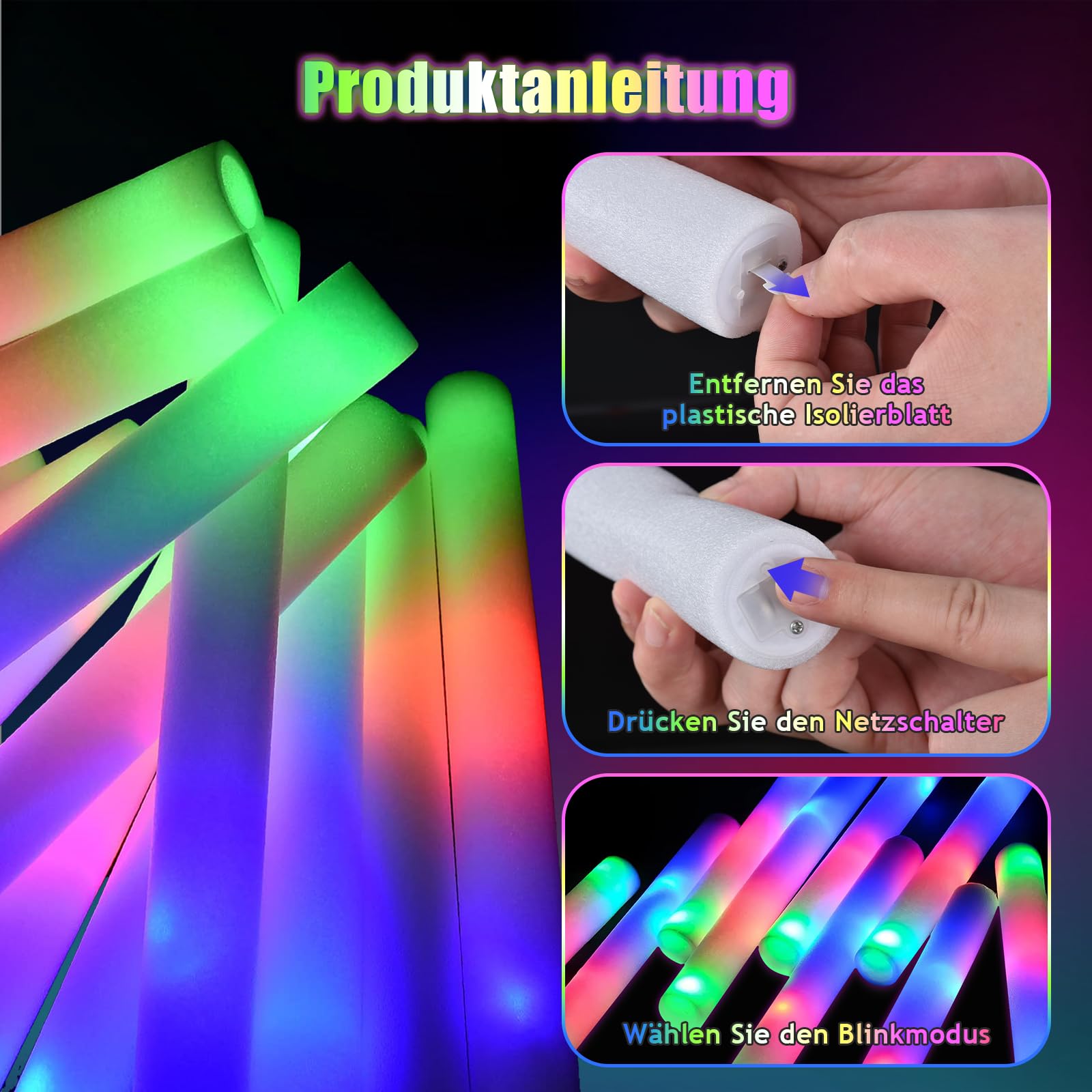 Lot de 30 baton lumineux LED en mousse, 3 modes d'éclairage — Bâton lumineux LED pour fêtes et mariages, Lightsticks adaptés aux enfants et aux adultes